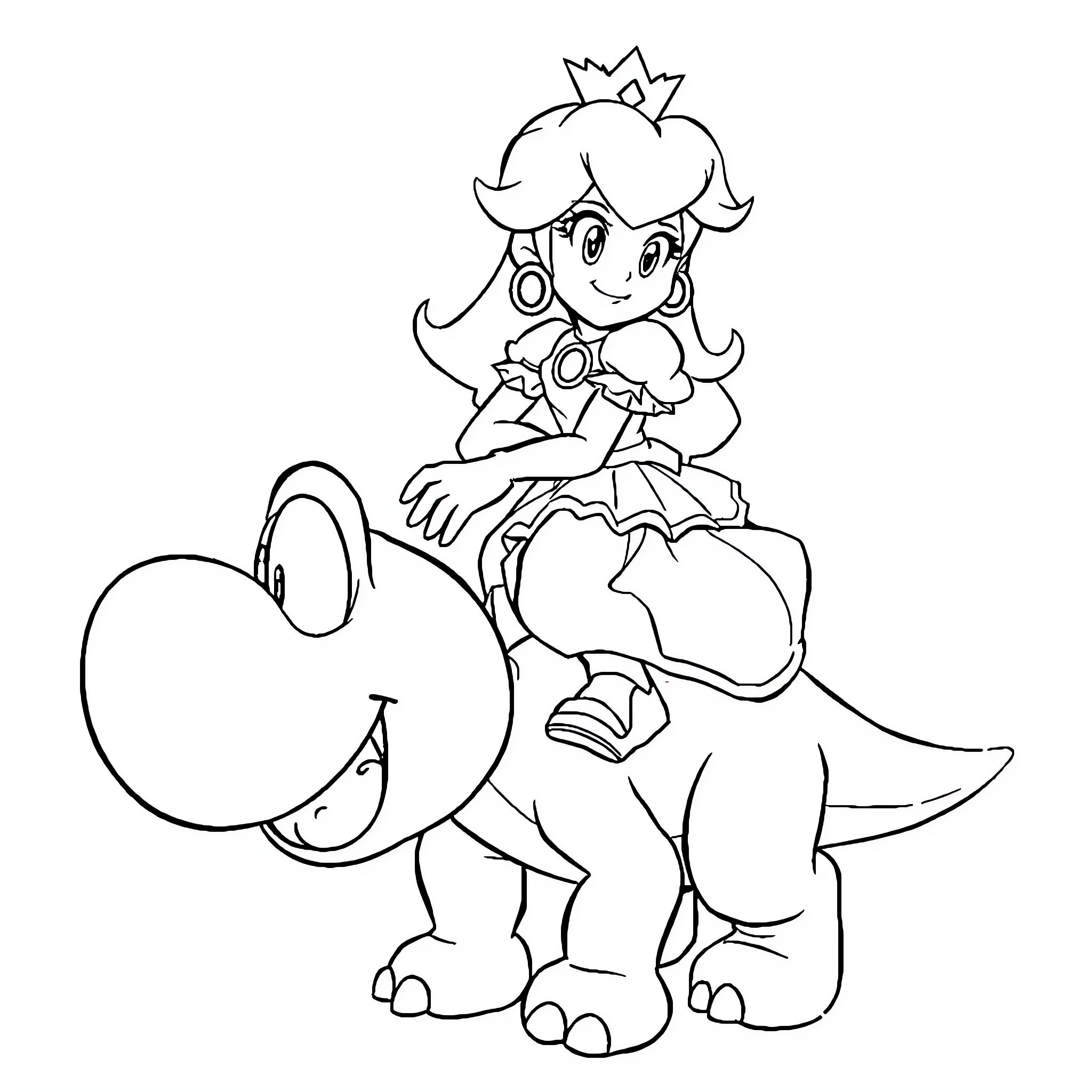 Peach riding a friendly dinosaur Coloring Page (free black-and-white line drawing printable PDF for all, from beginners to advanced learners, including children, teens, adults, and seniors)