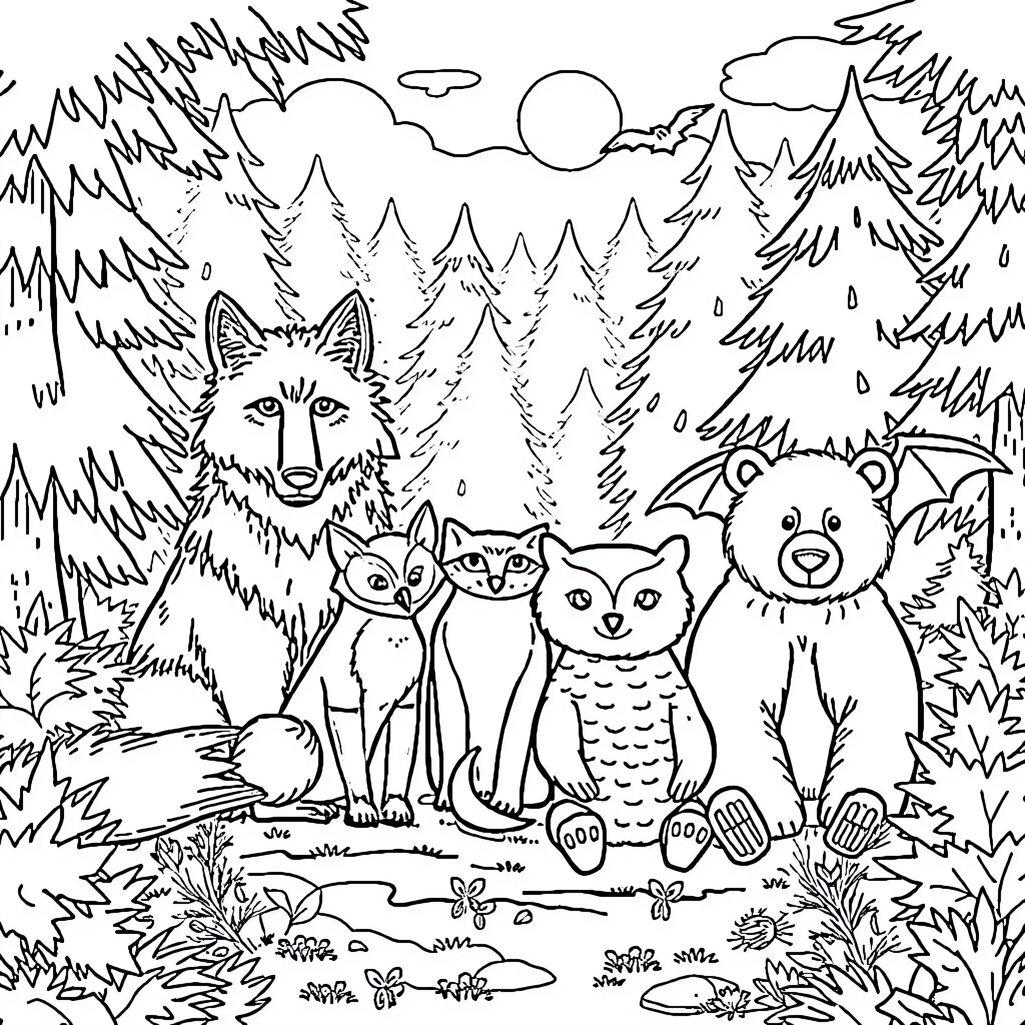 Animal friends in the forest scene Coloring Page (free black-and-white line drawing printable PDF for all, from beginners to advanced learners, including children, teens, adults, and seniors)