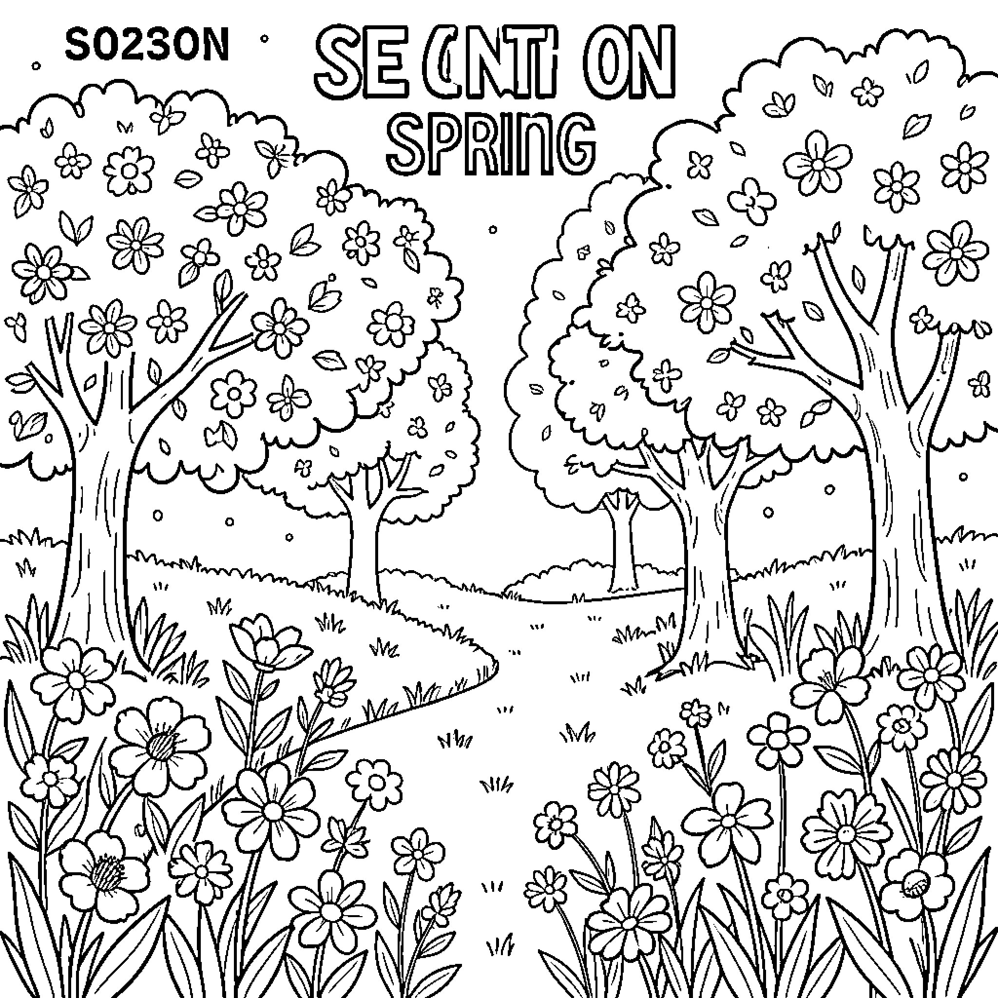 Spring season landscape with blooming trees and flowers Coloring Page (free black-and-white line drawing printable PDF for all, from beginners to advanced learners, including children, teens, adults, and seniors)