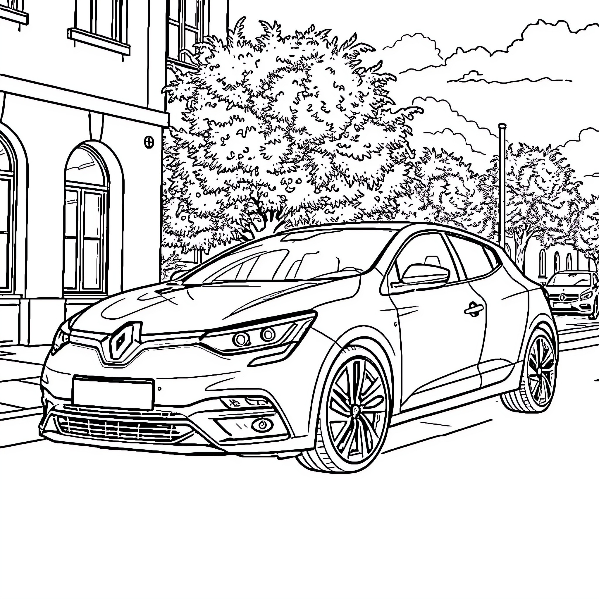 Mégane parked in front of urban building Coloring Page (free black-and-white line drawing printable PDF for all, from beginners to advanced learners, including children, teens, adults, and seniors)