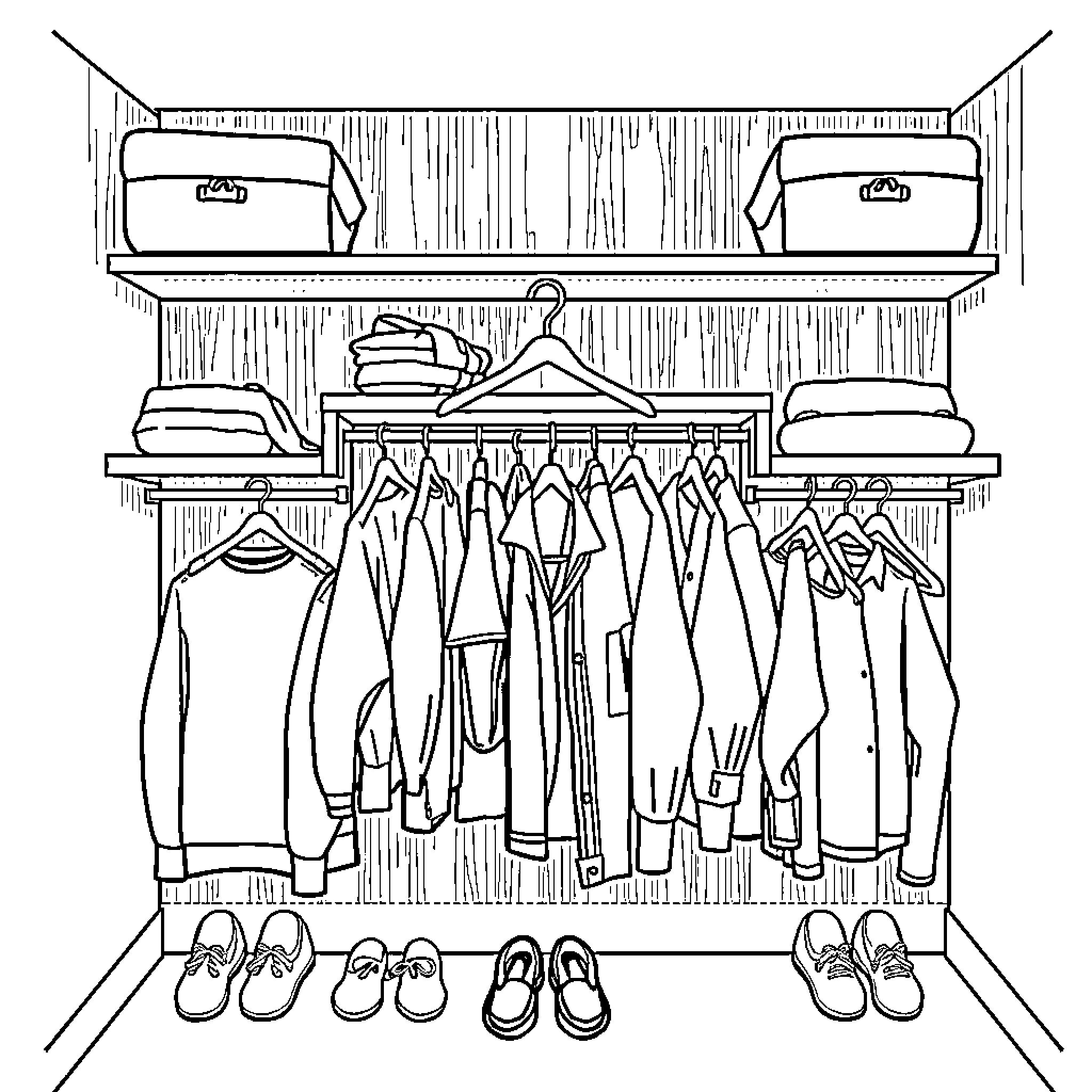 Hanger of assorted clothing and accessories Coloring Page (free black-and-white line drawing printable PDF for all, from beginners to advanced learners, including children, teens, adults, and seniors)