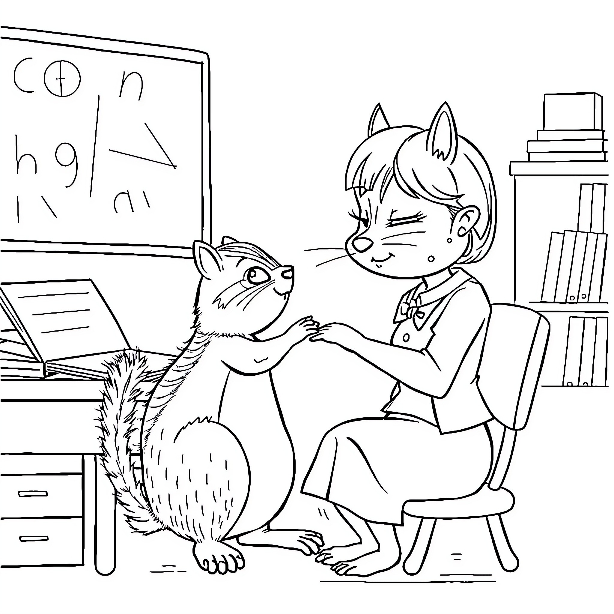 Chipmunk student and teacher in classroom Coloring Page (free black-and-white line drawing printable PDF for all, from beginners to advanced learners, including children, teens, adults, and seniors)