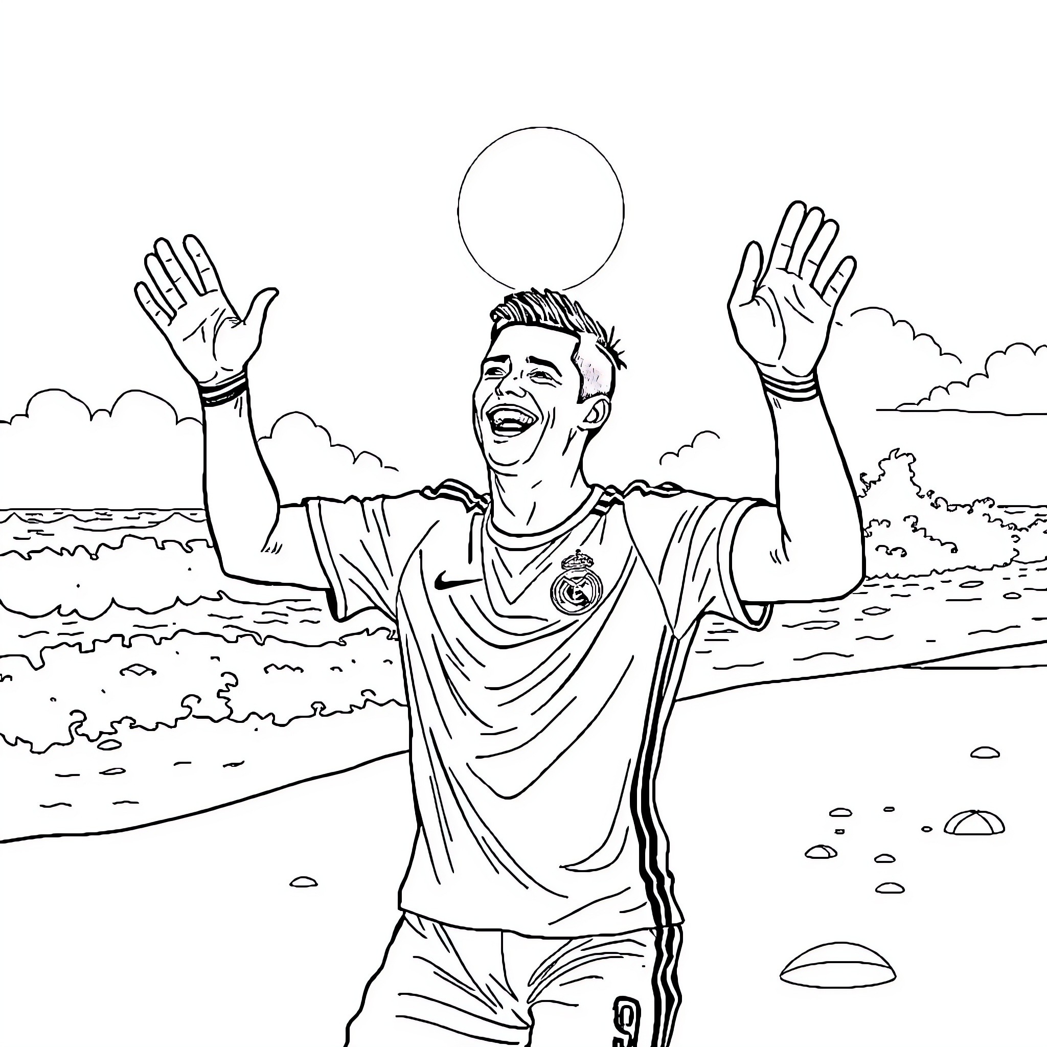 Cristiano Ronaldo celebrates soccer victory on the field Coloring Page (free black-and-white line drawing printable PDF for all, from beginners to advanced learners, including children, teens, adults, and seniors)