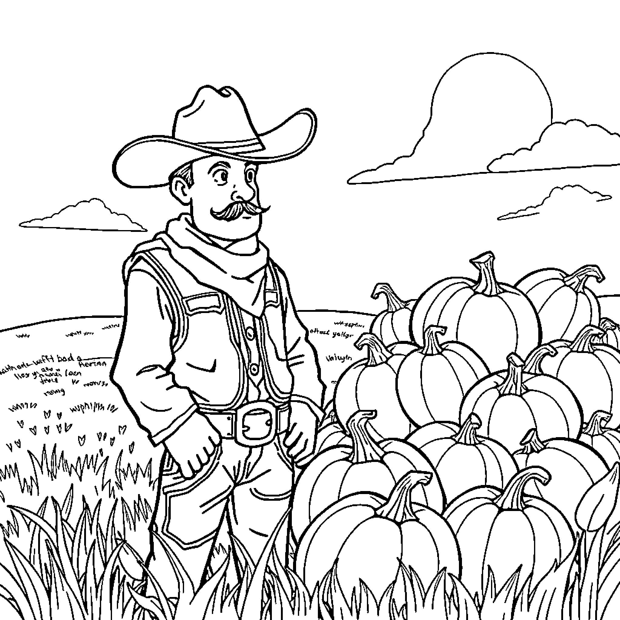 Cowboy surveying his pumpkin patch in the countryside Coloring Page (free black-and-white line drawing printable PDF for all, from beginners to advanced learners, including children, teens, adults, and seniors)