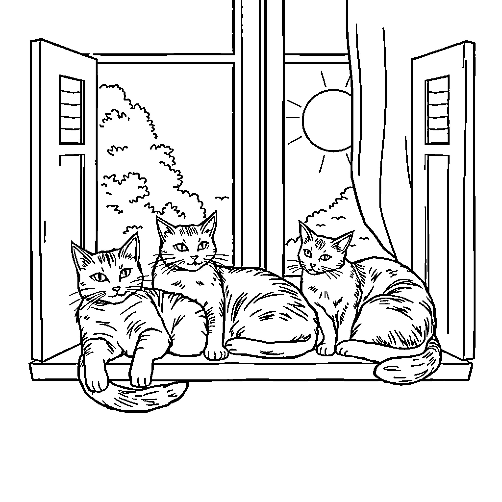 Cat Trio Relaxing in Cozy Window Nook Coloring Page (free black-and-white line drawing printable PDF for all, from beginners to advanced learners, including children, teens, adults, and seniors)