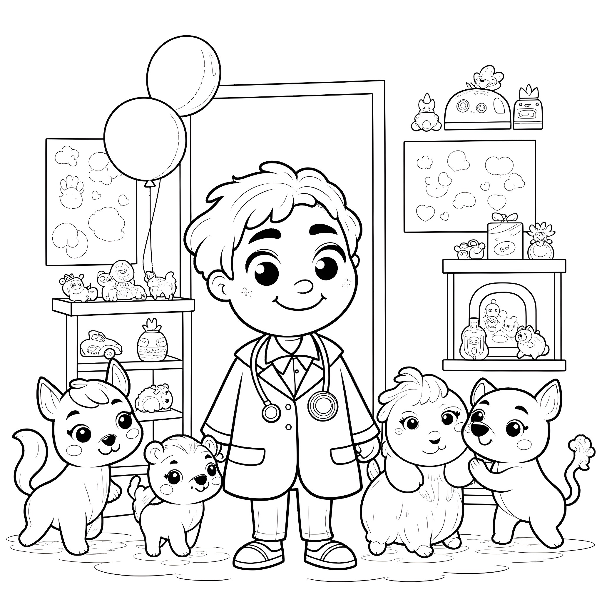 Doctor examining his adorable animal patients Coloring Page (free black-and-white line drawing printable PDF for all, from beginners to advanced learners, including children, teens, adults, and seniors)