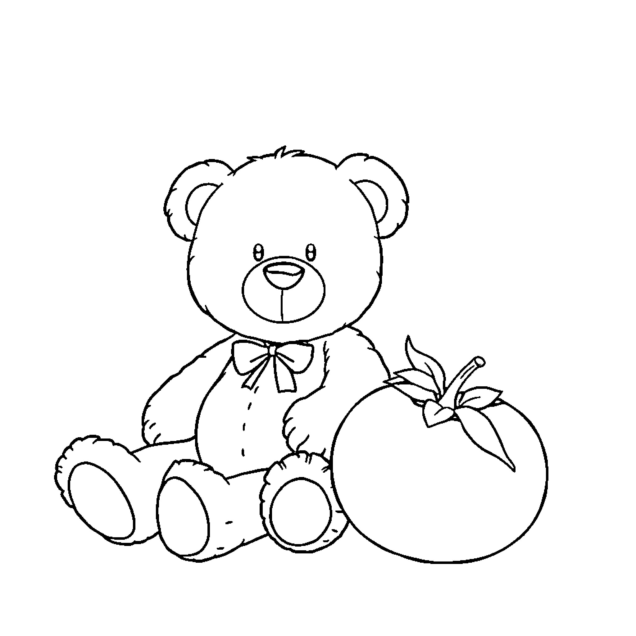Teddy Bear with Apple Toy Coloring Page (free black-and-white line drawing printable PDF for all, from beginners to advanced learners, including children, teens, adults, and seniors)