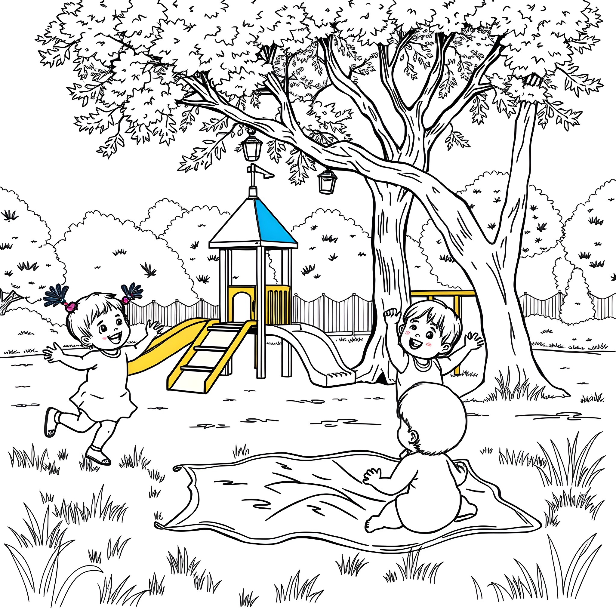Toddlers playing happily on playground equipment Coloring Page (free black-and-white line drawing printable PDF for all, from beginners to advanced learners, including children, teens, adults, and seniors)