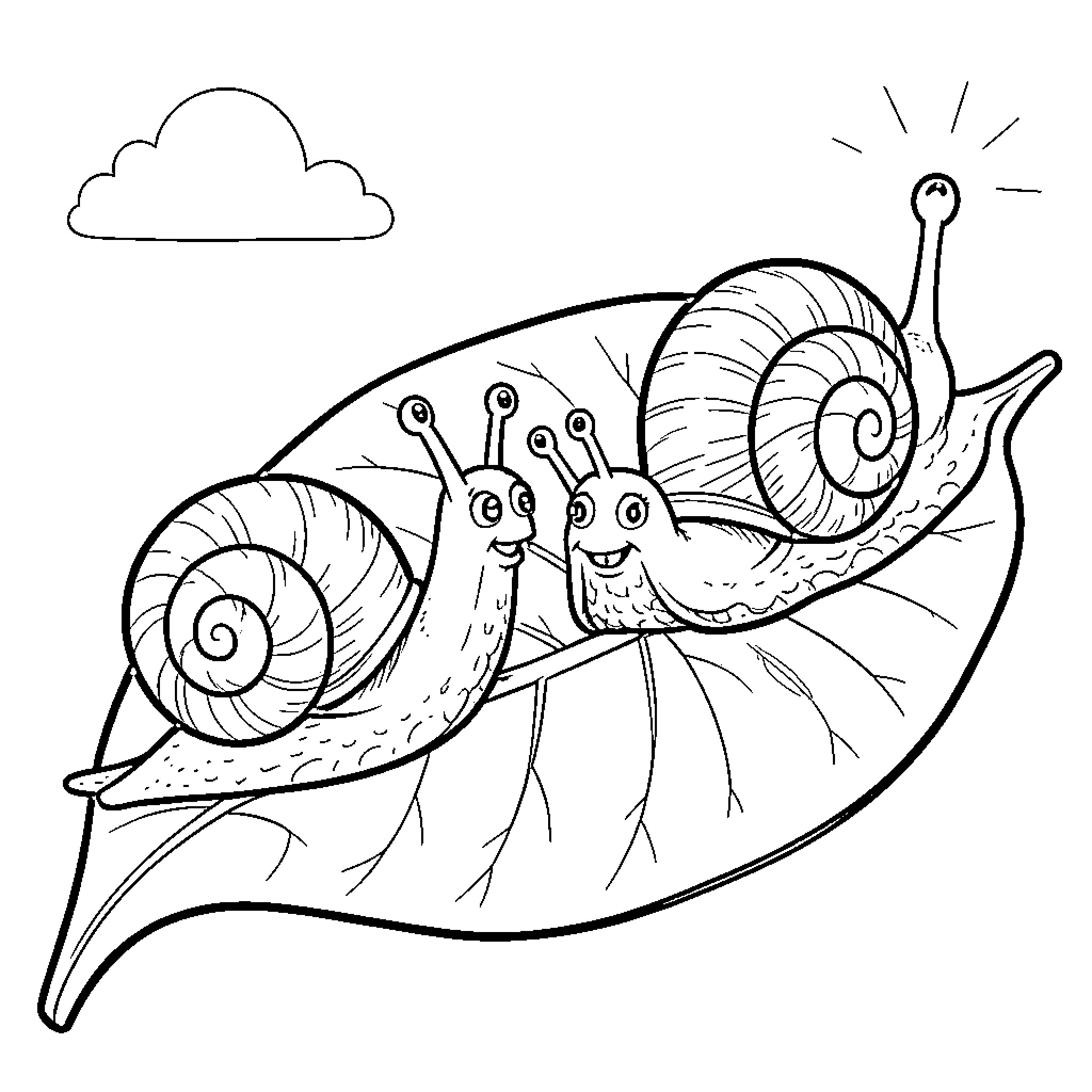 Snail buddies playing on leaf Coloring Page (free black-and-white line drawing printable PDF for all, from beginners to advanced learners, including children, teens, adults, and seniors)