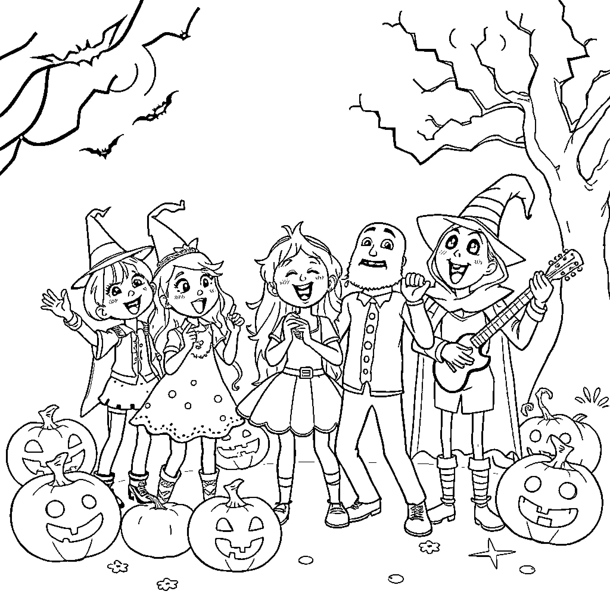 Sing Halloween Costumes and Spooky Night Celebration Coloring Page (free black-and-white line drawing printable PDF for all, from beginners to advanced learners, including children, teens, adults, and seniors)