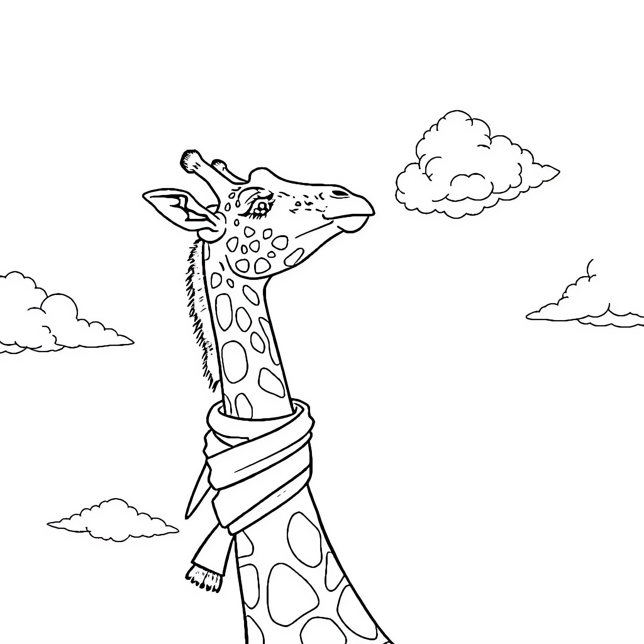 Giraffe wearing a scarf in the cloudy sky Coloring Page (free black-and-white line drawing printable PDF for all, from beginners to advanced learners, including children, teens, adults, and seniors)