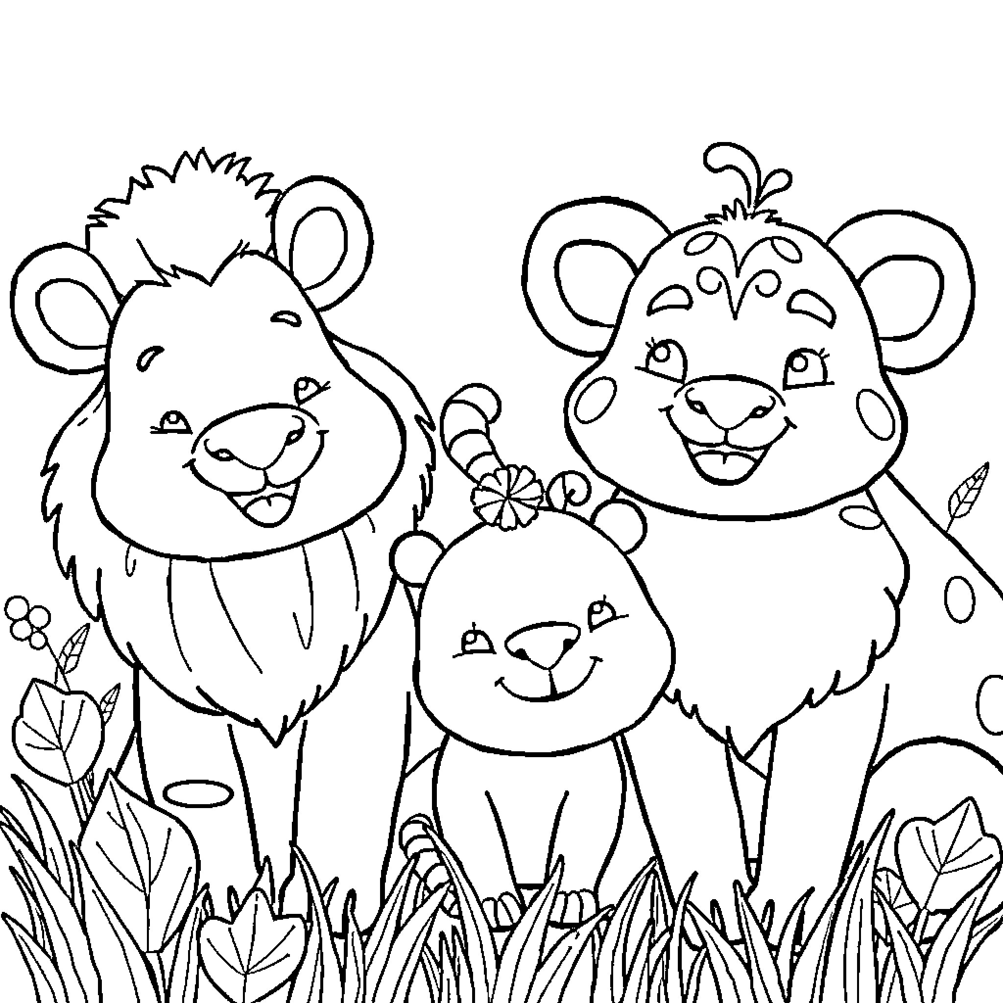 Picture of Cartoon Lions in Grassy Field Coloring Page (free black-and-white line drawing printable PDF for all, from beginners to advanced learners, including children, teens, adults, and seniors)