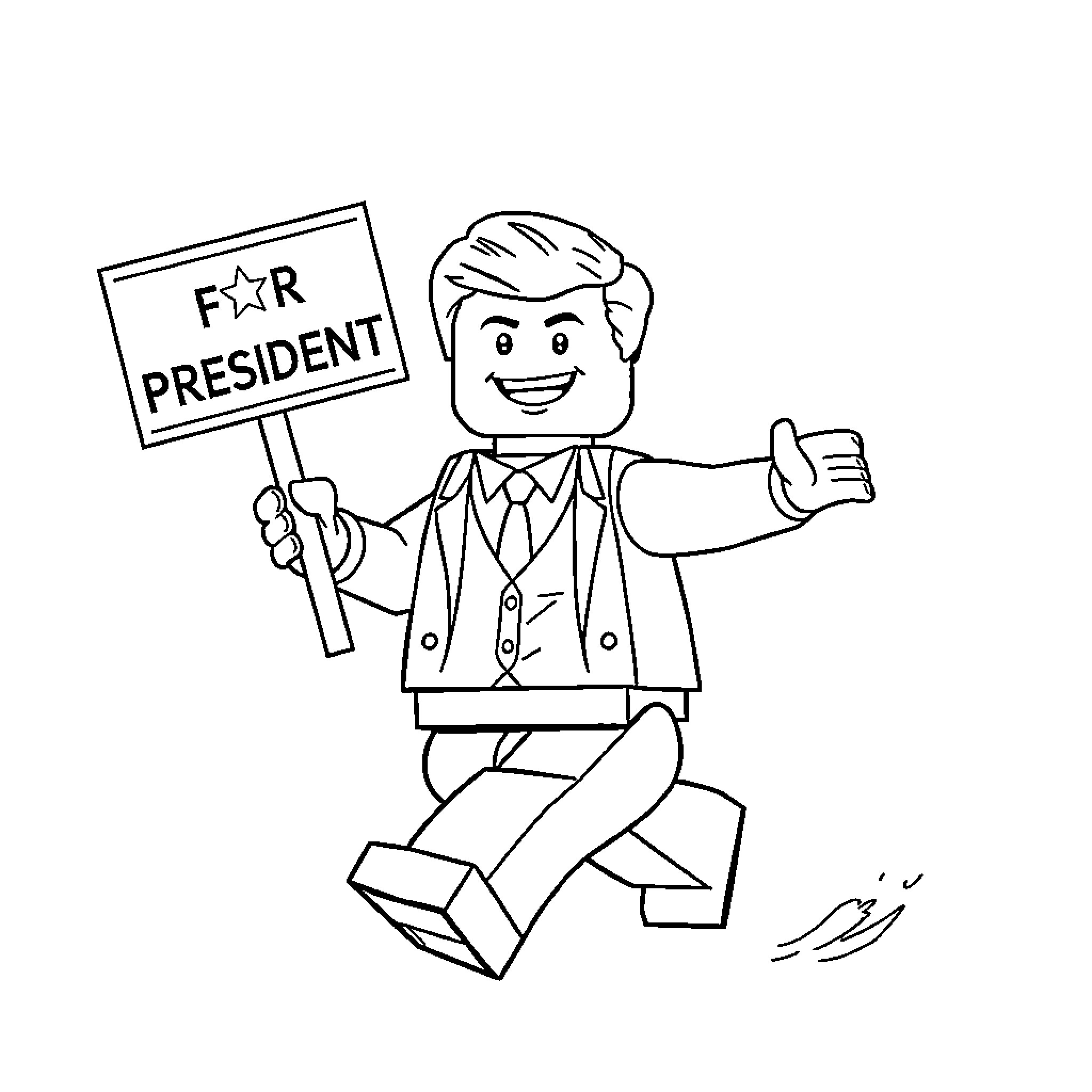 Lego Man Running for President Coloring Page (free black-and-white line drawing printable PDF for all, from beginners to advanced learners, including children, teens, adults, and seniors)