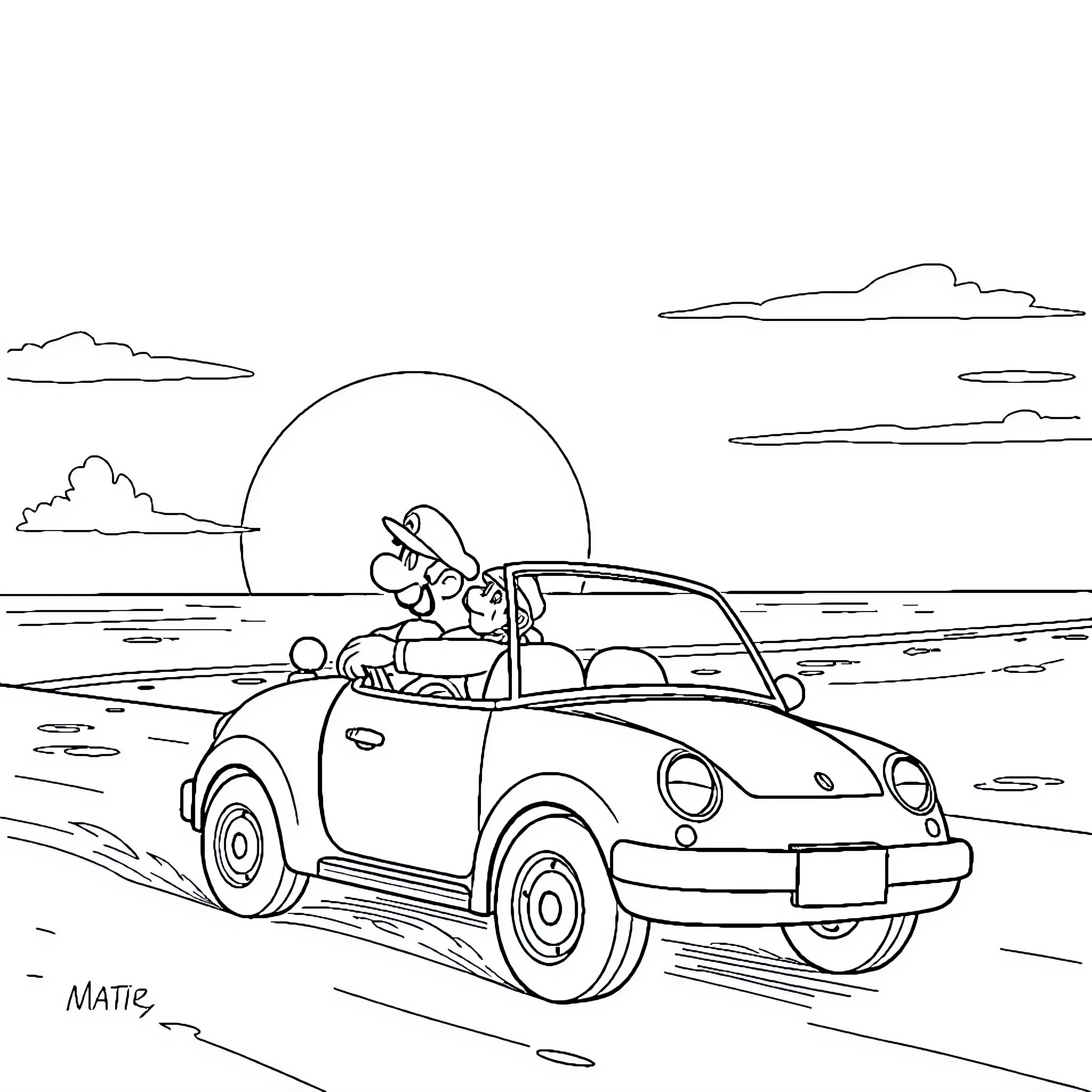 Mario driving convertible on scenic road Coloring Page (free black-and-white line drawing printable PDF for all, from beginners to advanced learners, including children, teens, adults, and seniors)