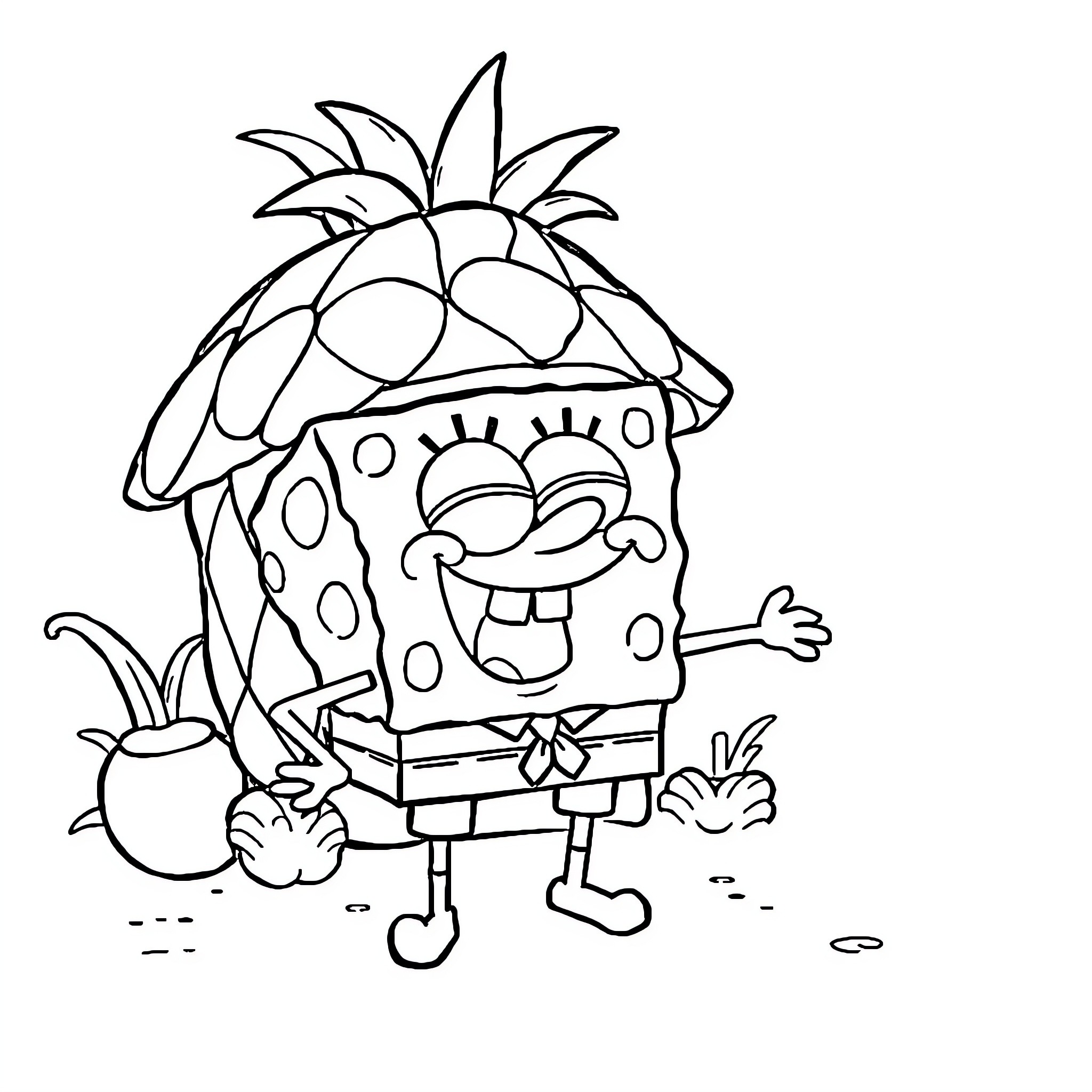 Spongebob's Fun Tropical Adventure Coloring Page (free black-and-white line drawing printable PDF for all, from beginners to advanced learners, including children, teens, adults, and seniors)