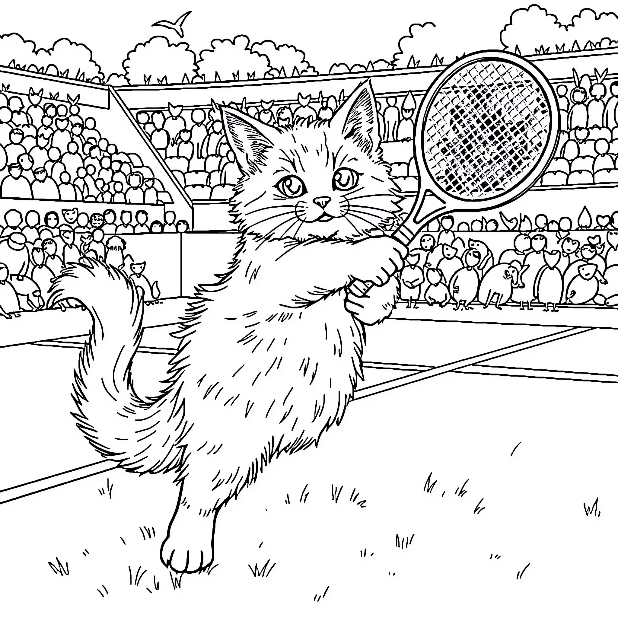 Cat playing tennis on tennis court Coloring Page (free black-and-white line drawing printable PDF for all, from beginners to advanced learners, including children, teens, adults, and seniors)