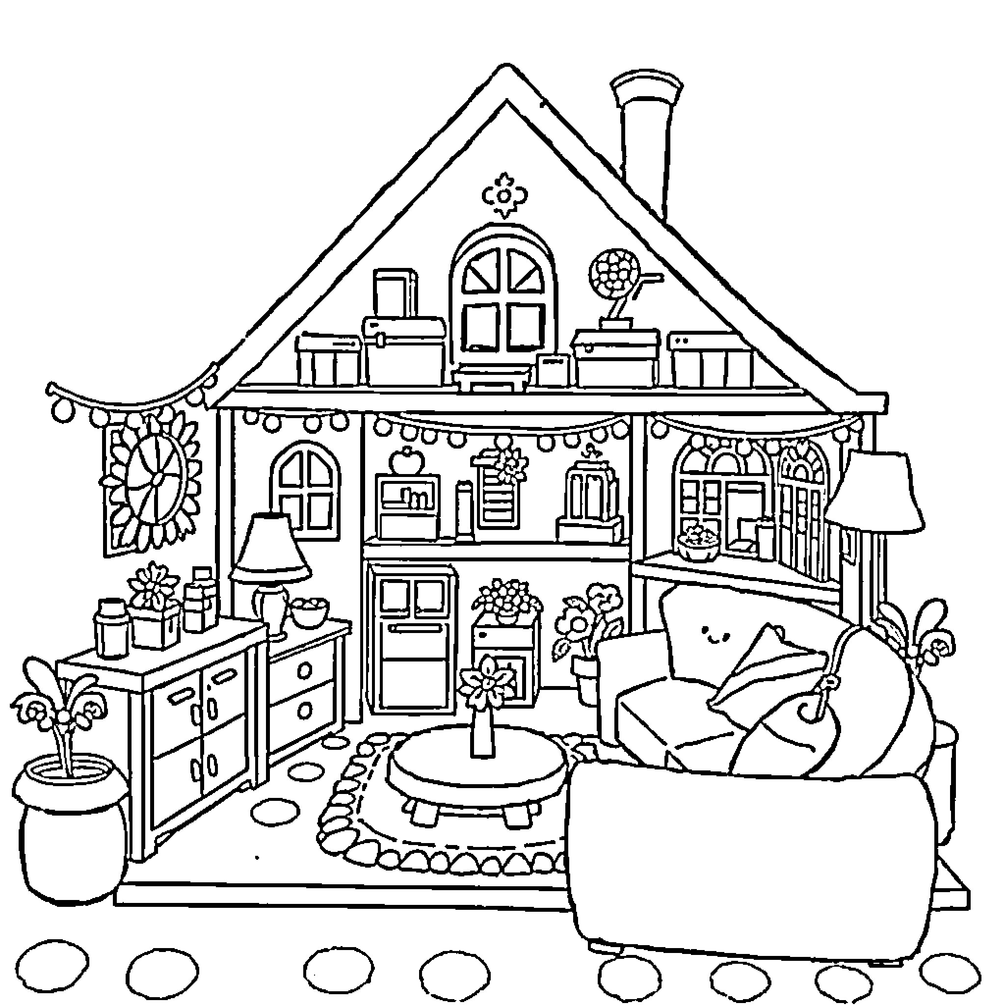 Dollhouse with Cozy Interior Scenes Coloring Page (free black-and-white line drawing printable PDF for all, from beginners to advanced learners, including children, teens, adults, and seniors)