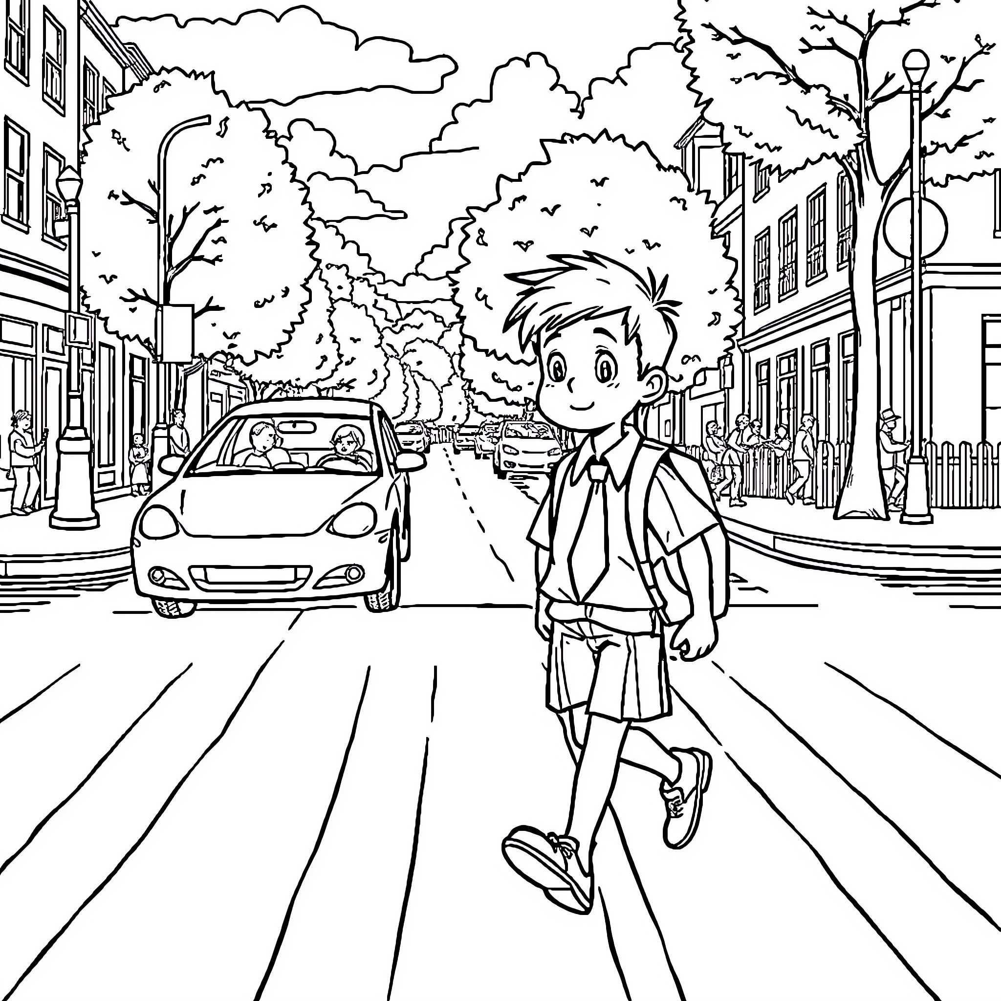 Boy walking down a city street Coloring Page (free black-and-white line drawing printable PDF for all, from beginners to advanced learners, including children, teens, adults, and seniors)