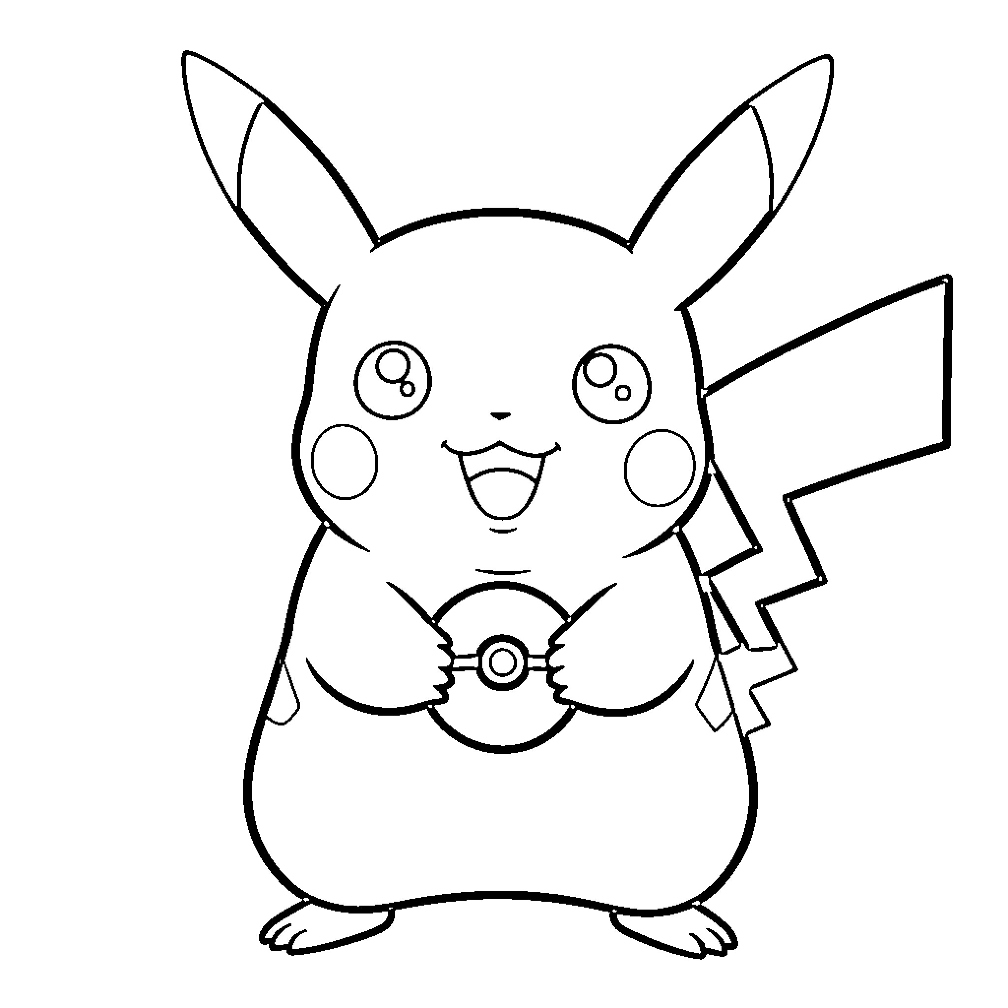 Pikachu smiling joyfully while holding a Poké Ball Coloring Page (free black-and-white line drawing printable PDF for all, from beginners to advanced learners, including children, teens, adults, and seniors)