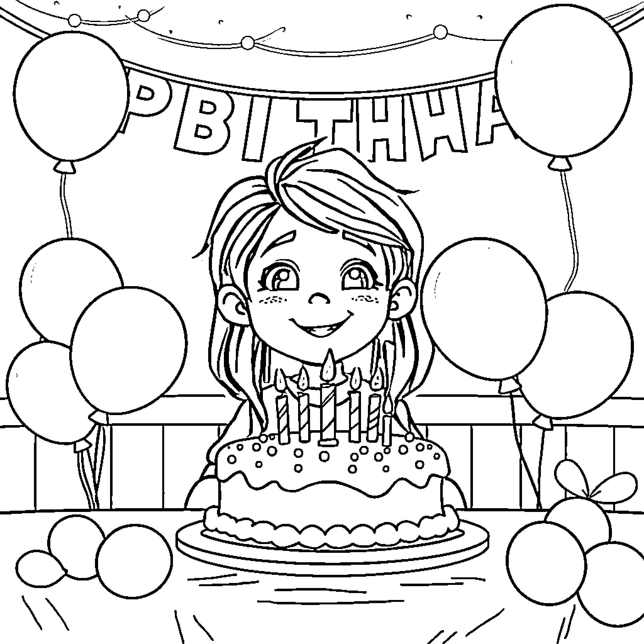 Birthday Cake Celebration with Balloons and Smiling Girl Coloring Page (free black-and-white line drawing printable PDF for all, from beginners to advanced learners, including children, teens, adults, and seniors)