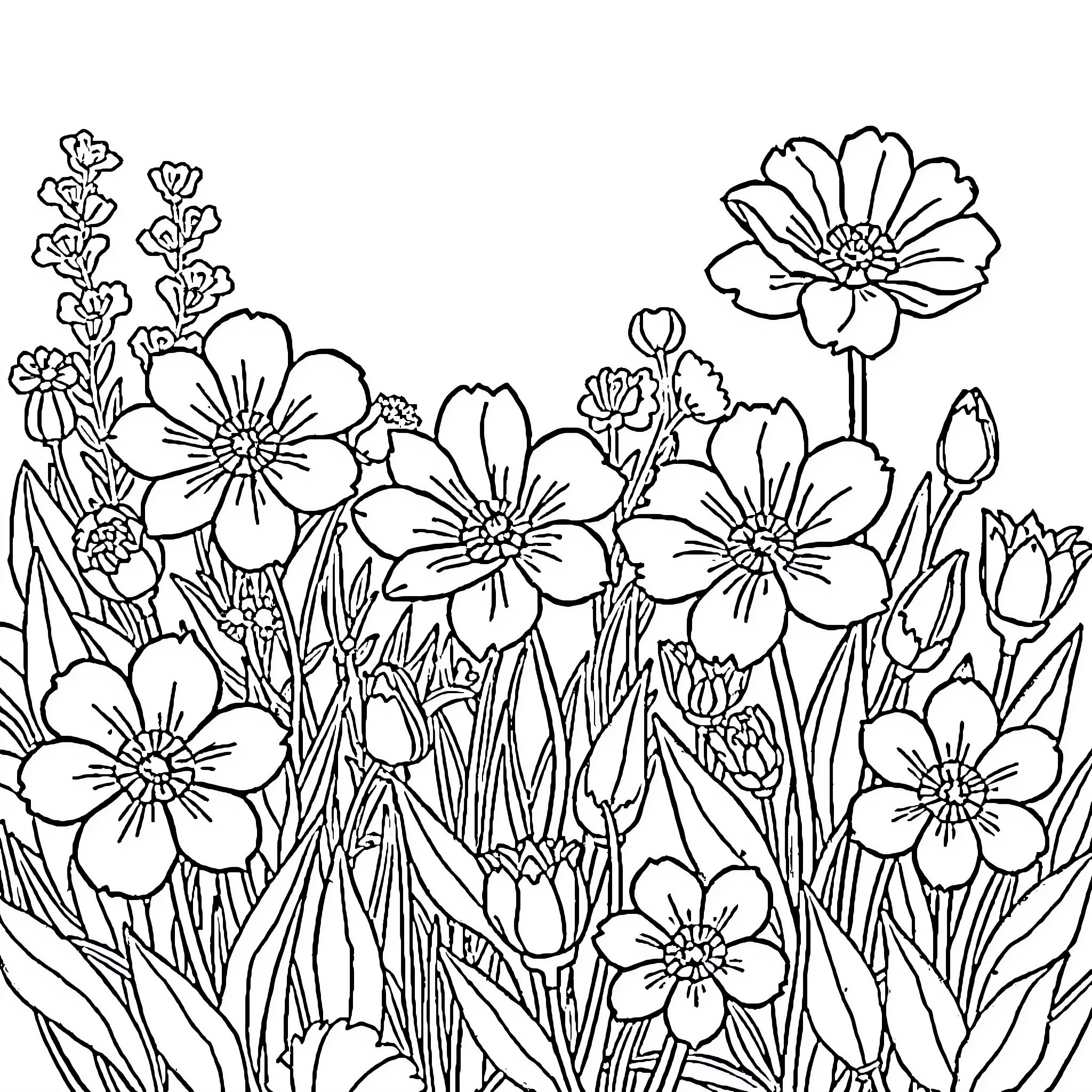 Flower garden filled with blooming flowers Coloring Page (free black-and-white line drawing printable PDF for all, from beginners to advanced learners, including children, teens, adults, and seniors)