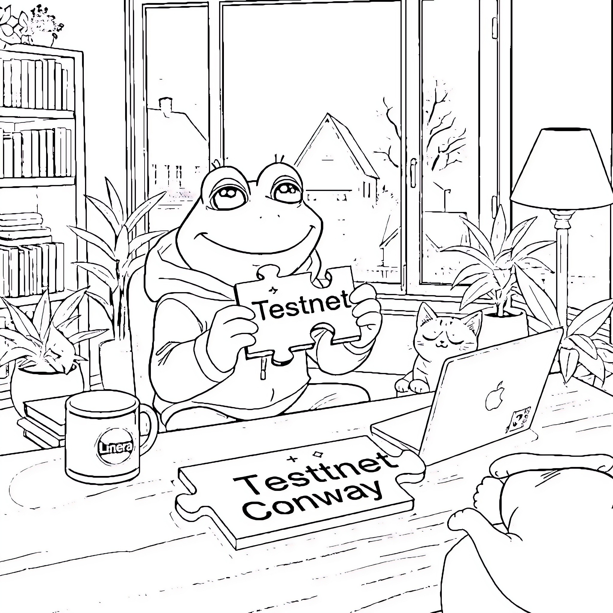 Pepe the Frog working hard at home office Coloring Page (free black-and-white line drawing printable PDF for all, from beginners to advanced learners, including children, teens, adults, and seniors)