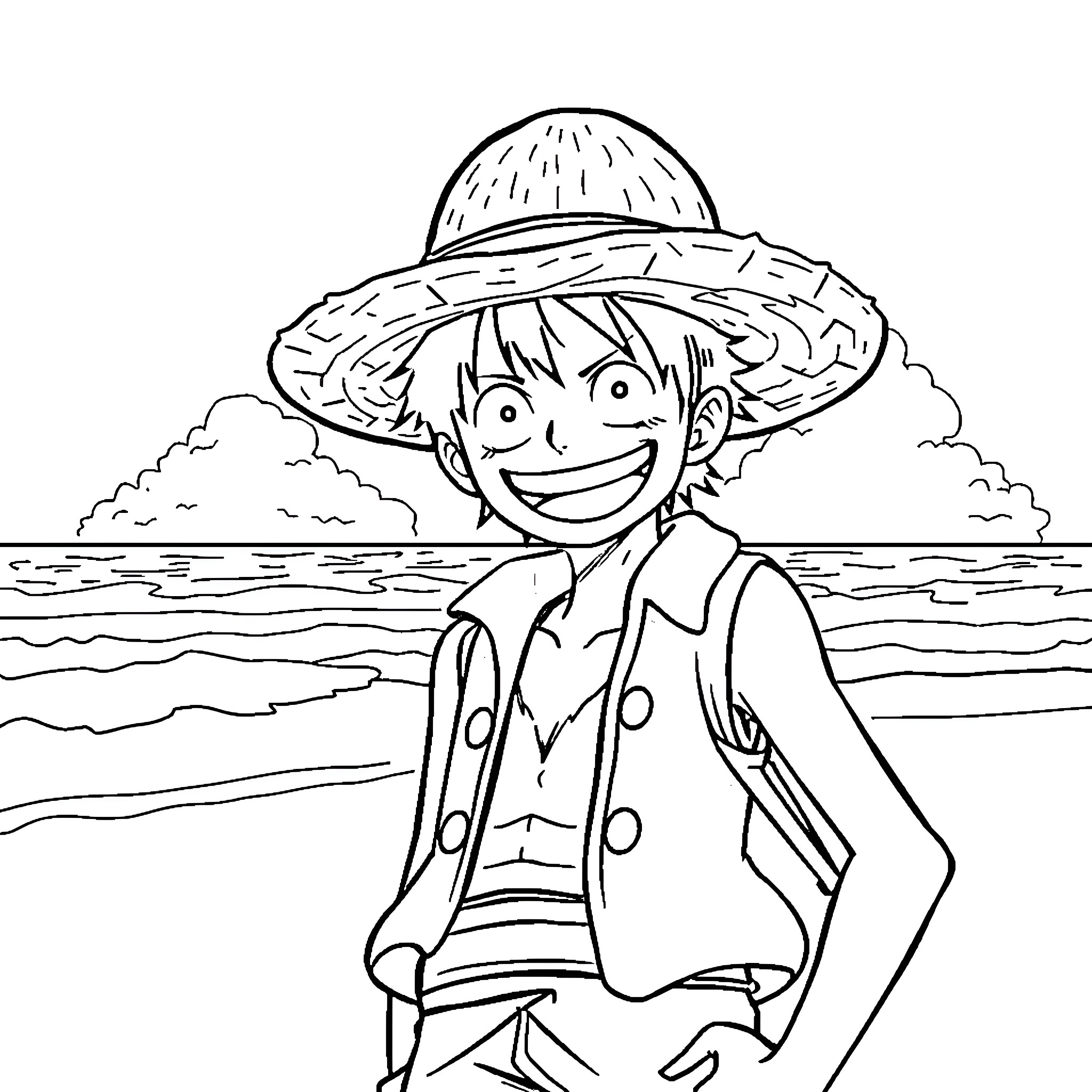 Luffy enjoying a day at the beach Coloring Page (free black-and-white line drawing printable PDF for all, from beginners to advanced learners, including children, teens, adults, and seniors)