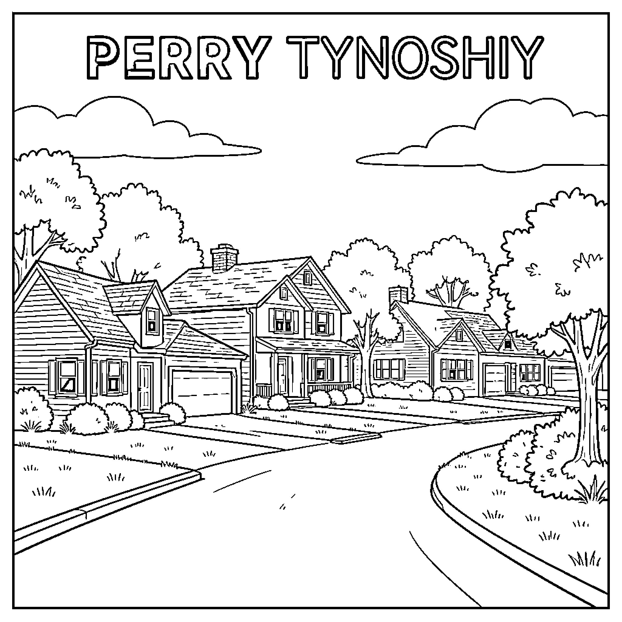 Perry Township houses lining a quiet suburban street Coloring Page (free black-and-white line drawing printable PDF for all, from beginners to advanced learners, including children, teens, adults, and seniors)