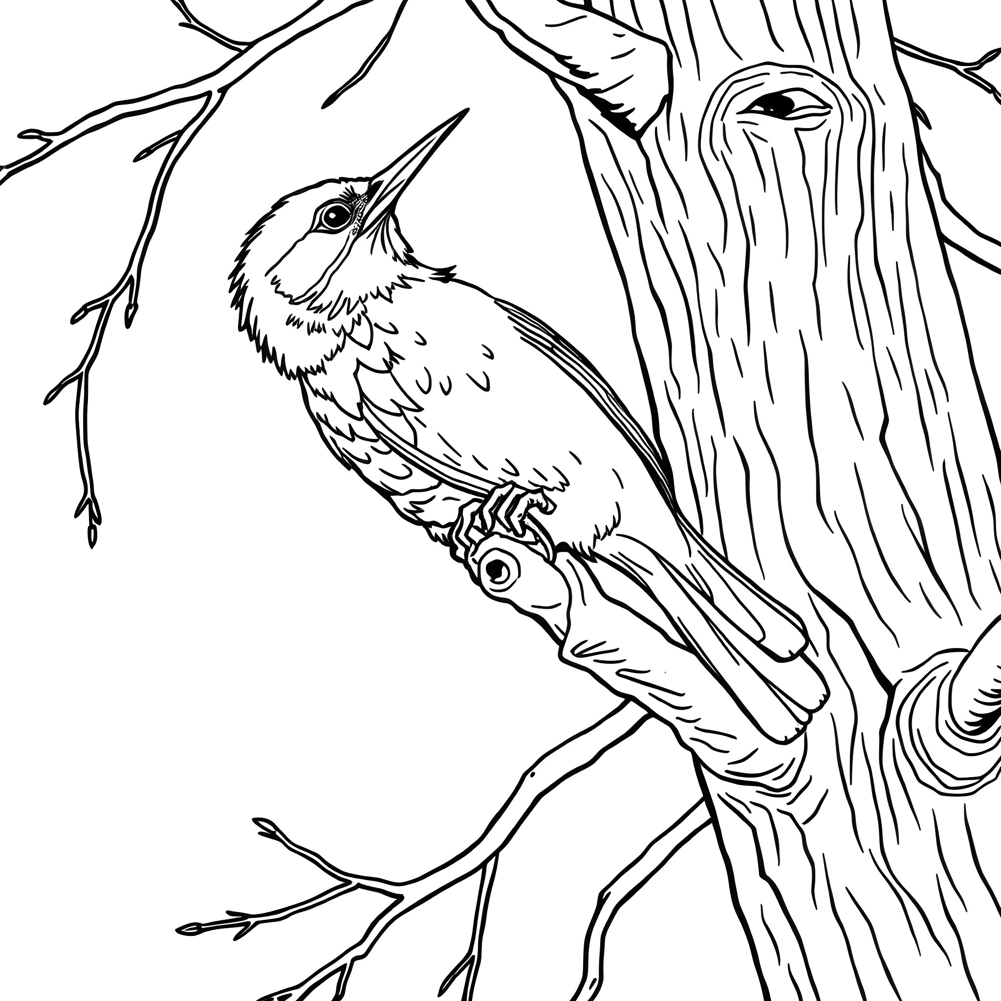 Honeycreeper perched on tree branch Coloring Page (free black-and-white line drawing printable PDF for all, from beginners to advanced learners, including children, teens, adults, and seniors)