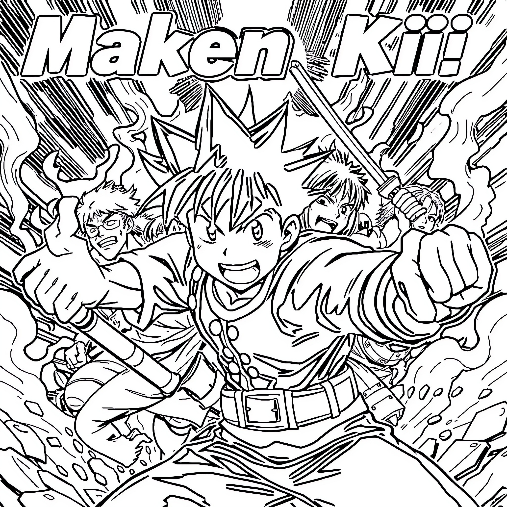 Maken ki! Dynamic action and character expressions Coloring Page (free black-and-white line drawing printable PDF for all, from beginners to advanced learners, including children, teens, adults, and seniors)