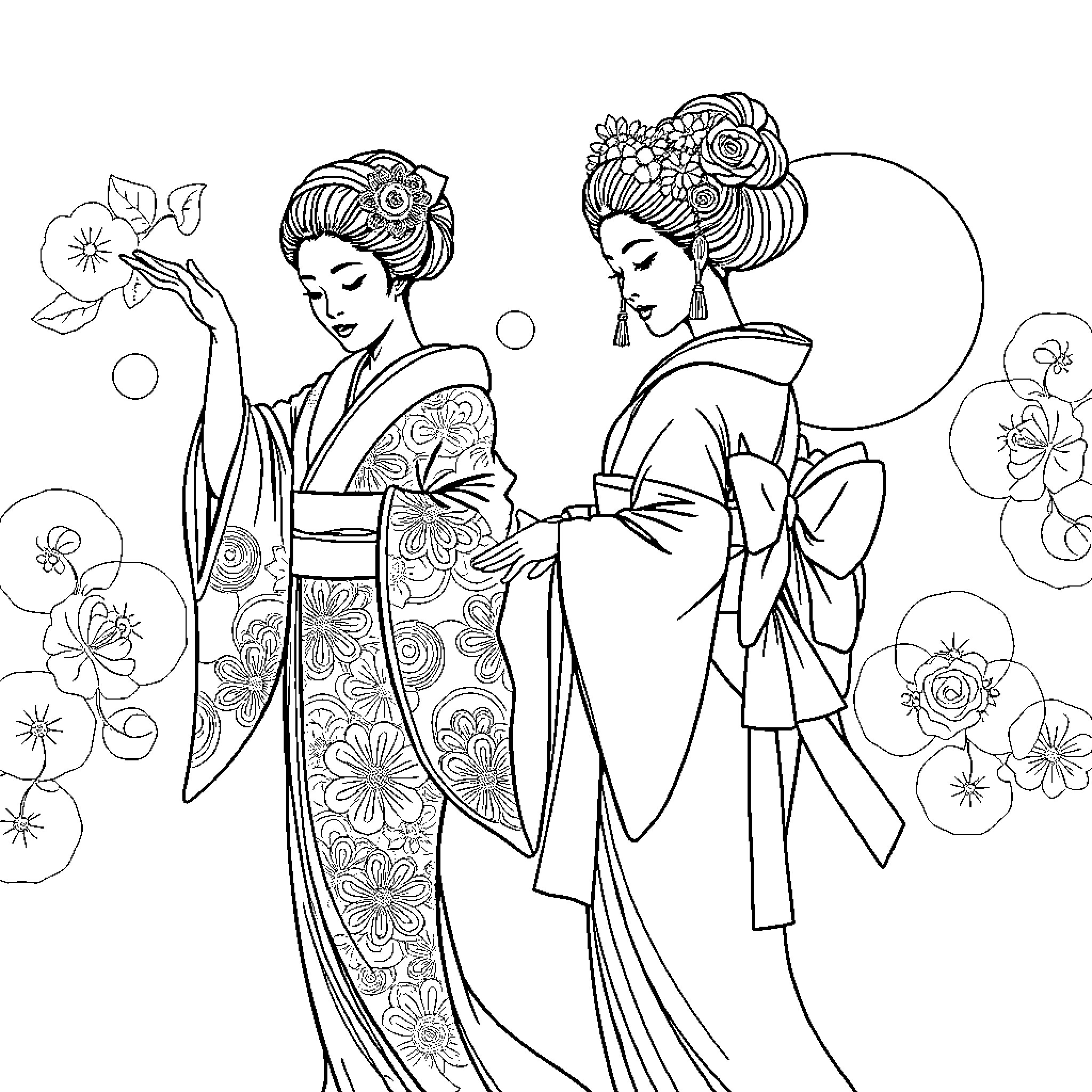 Geisha in traditional Japanese dress and hairstyle Coloring Page (free black-and-white line drawing printable PDF for all, from beginners to advanced learners, including children, teens, adults, and seniors)