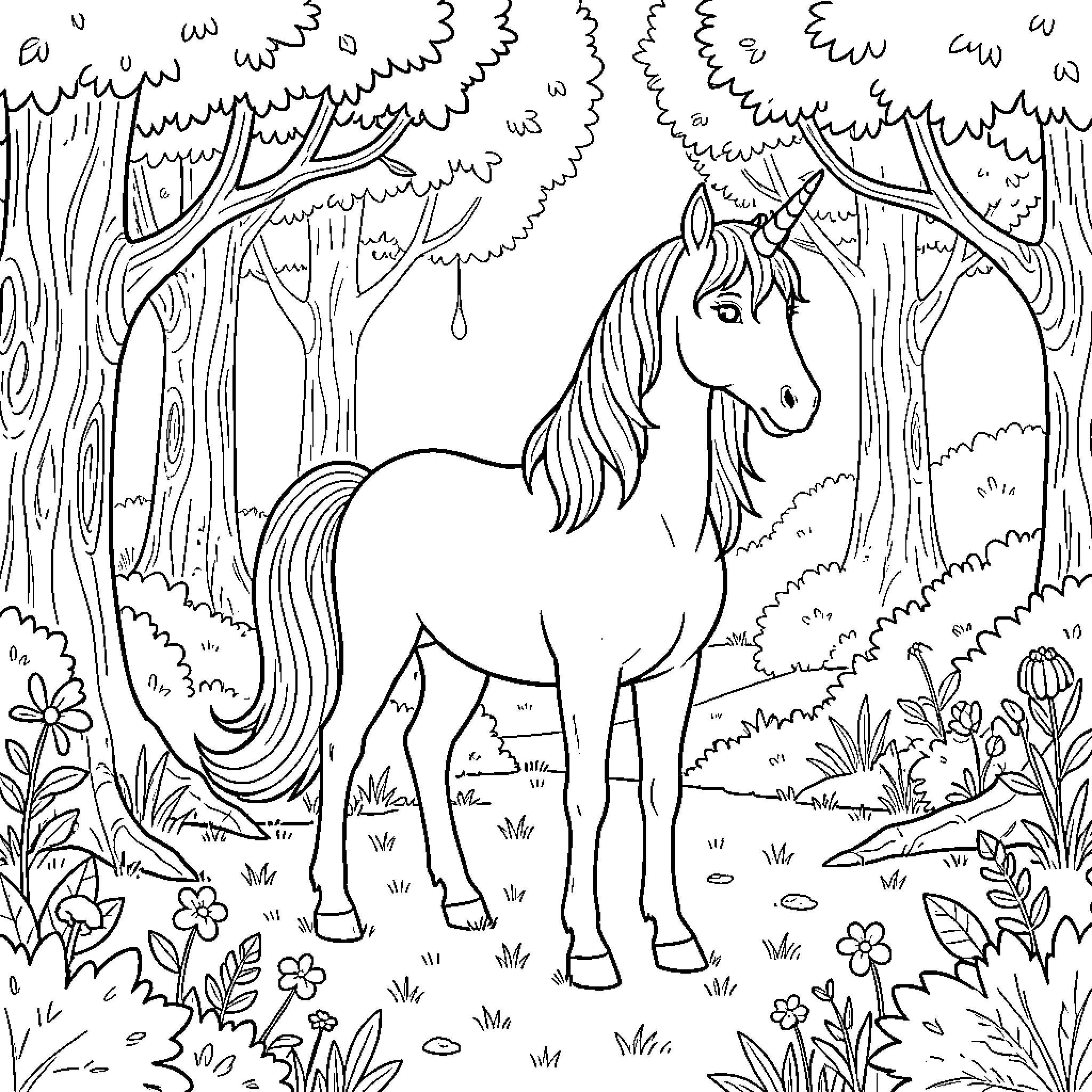 Unicorn standing peacefully in a lush forest scene Coloring Page (free black-and-white line drawing printable PDF for all, from beginners to advanced learners, including children, teens, adults, and seniors)