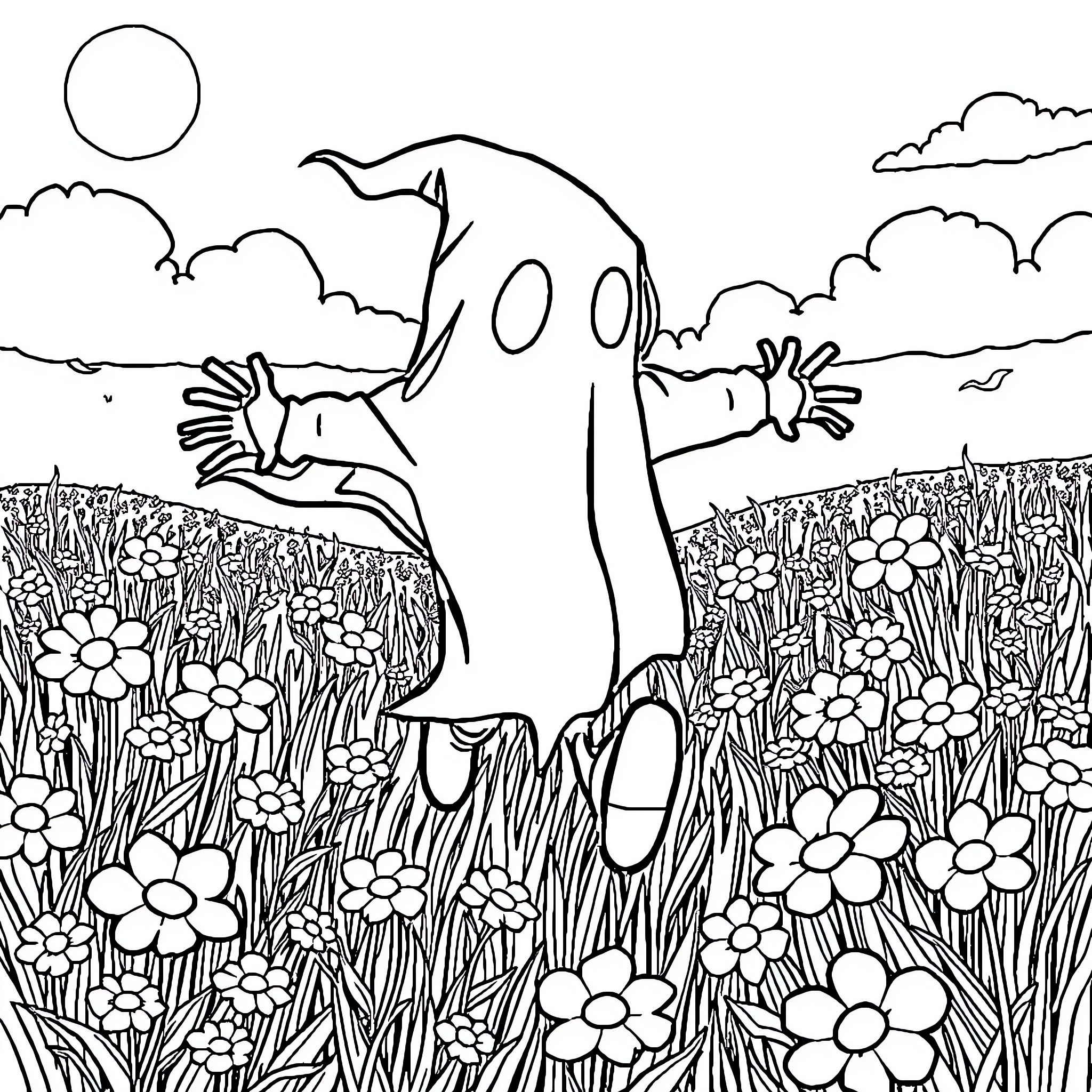 Ghost Face running through a floral meadow Coloring Page (free black-and-white line drawing printable PDF for all, from beginners to advanced learners, including children, teens, adults, and seniors)