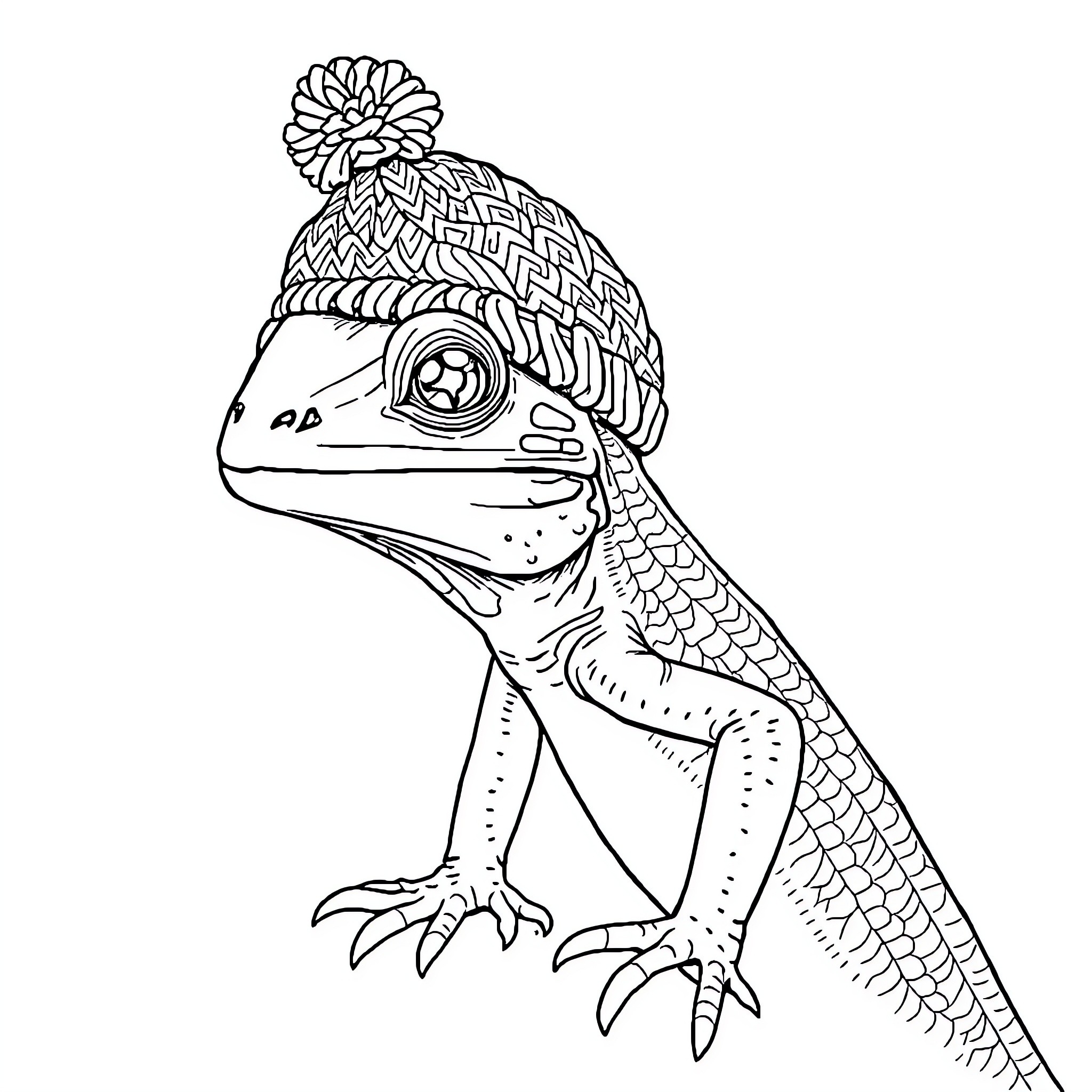 Lizard wearing a cozy winter hat Coloring Page (free black-and-white line drawing printable PDF for all, from beginners to advanced learners, including children, teens, adults, and seniors)
