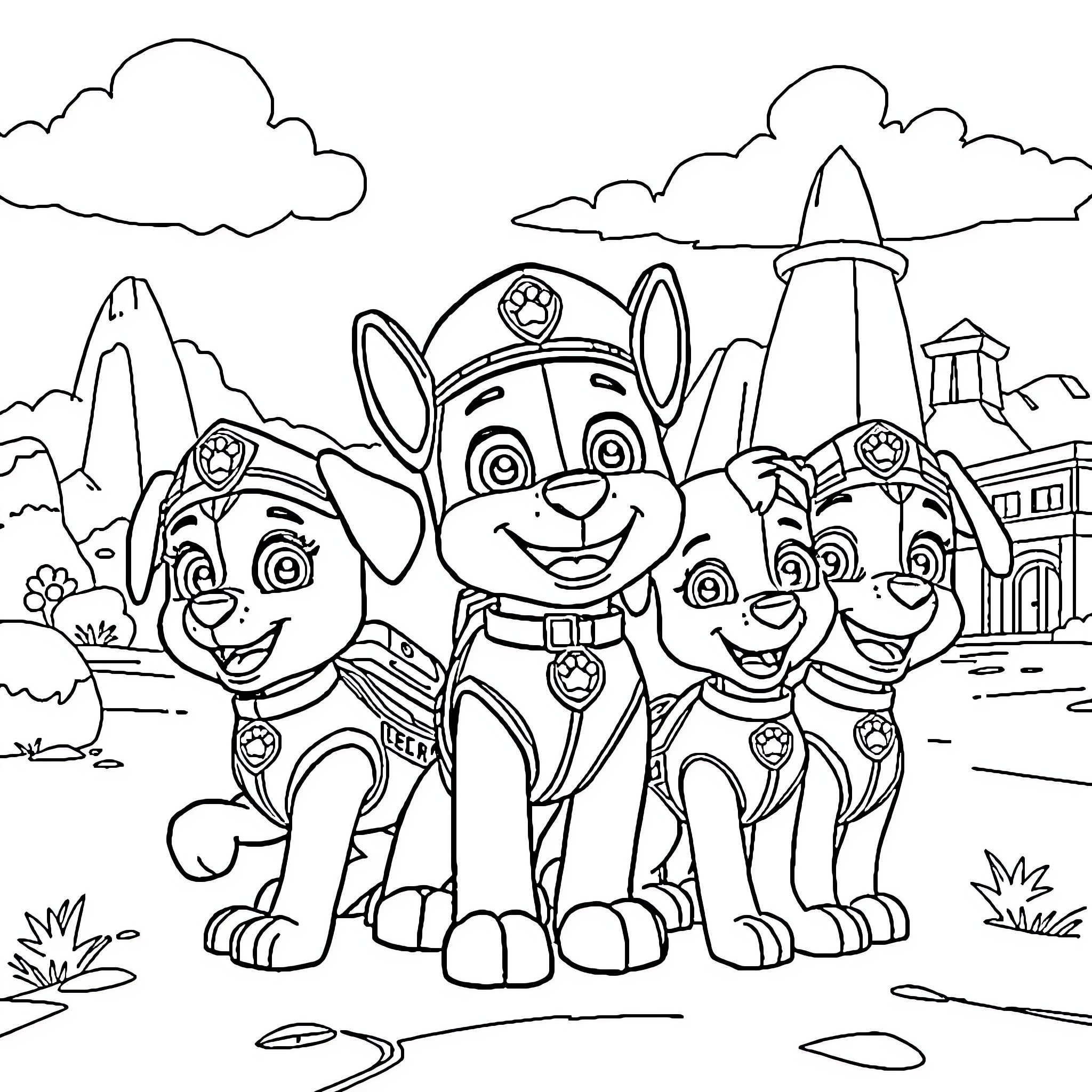Paw Patrol puppies on a mission adventure Coloring Page (free black-and-white line drawing printable PDF for all, from beginners to advanced learners, including children, teens, adults, and seniors)