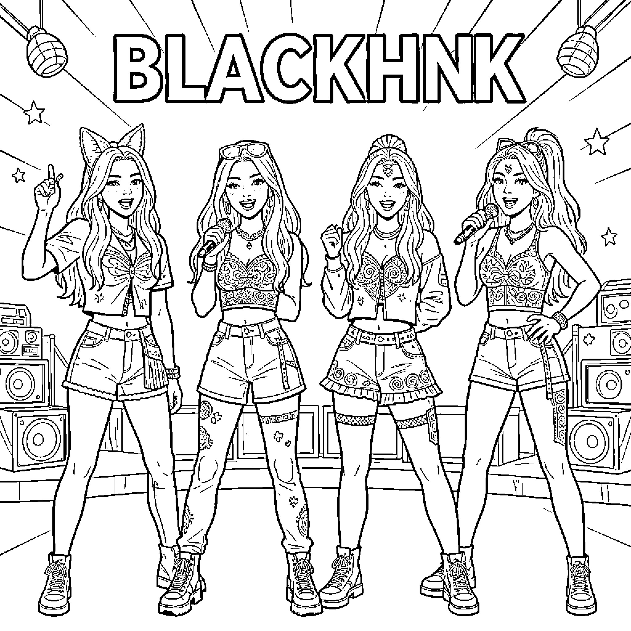 Blackpink members performing on stage with microphones Coloring Page (free black-and-white line drawing printable PDF for all, from beginners to advanced learners, including children, teens, adults, and seniors)