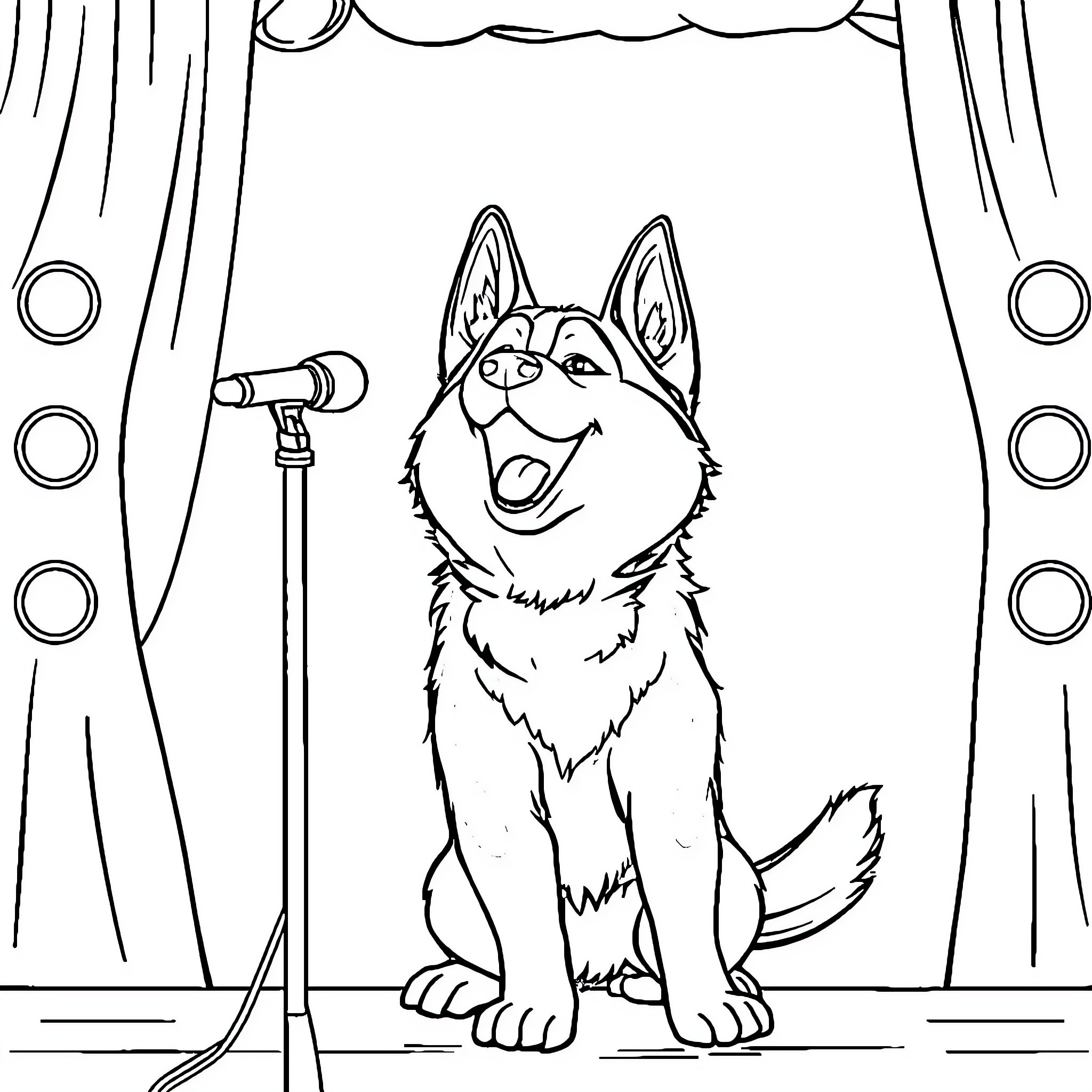 Husky performing on stage with microphone Coloring Page (free black-and-white line drawing printable PDF for all, from beginners to advanced learners, including children, teens, adults, and seniors)