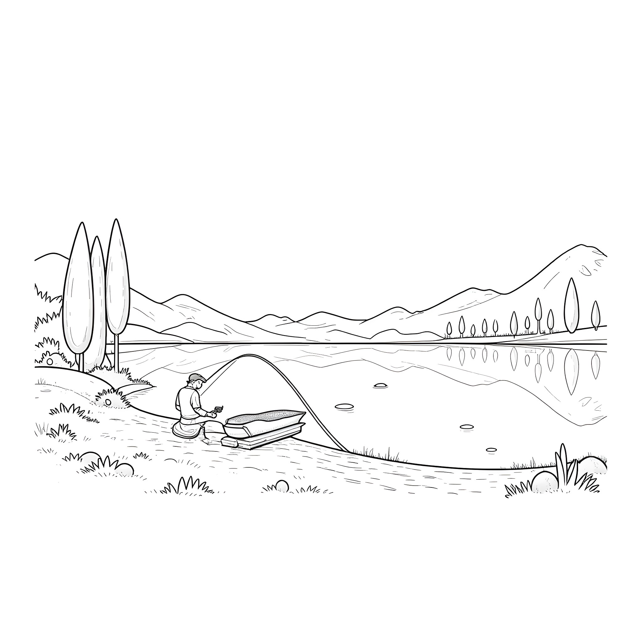 Bass fishing on a serene lake Coloring Page (free black-and-white line drawing printable PDF for all, from beginners to advanced learners, including children, teens, adults, and seniors)