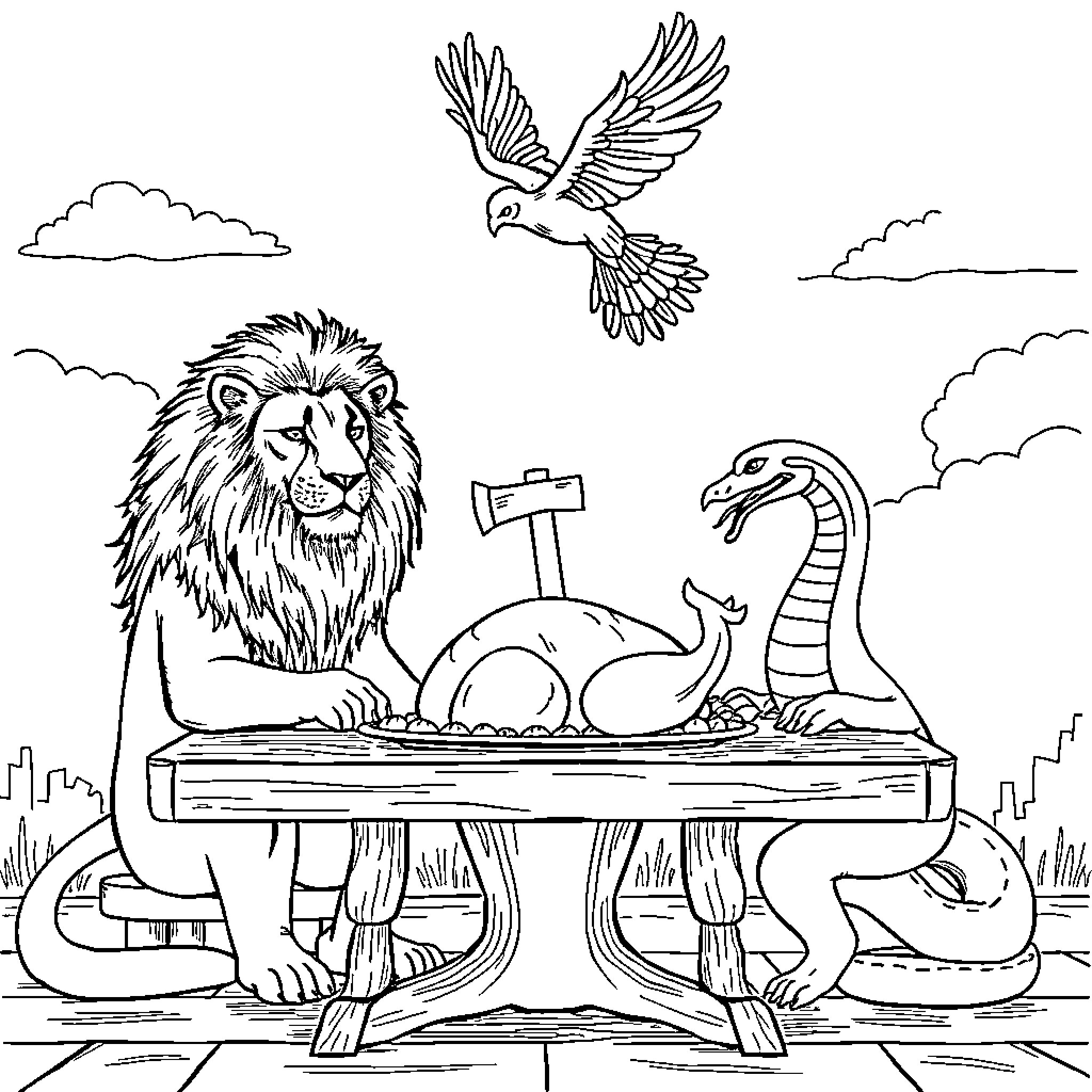 Lion resting on ancient ruins with birds and dragons Coloring Page (free black-and-white line drawing printable PDF for all, from beginners to advanced learners, including children, teens, adults, and seniors)