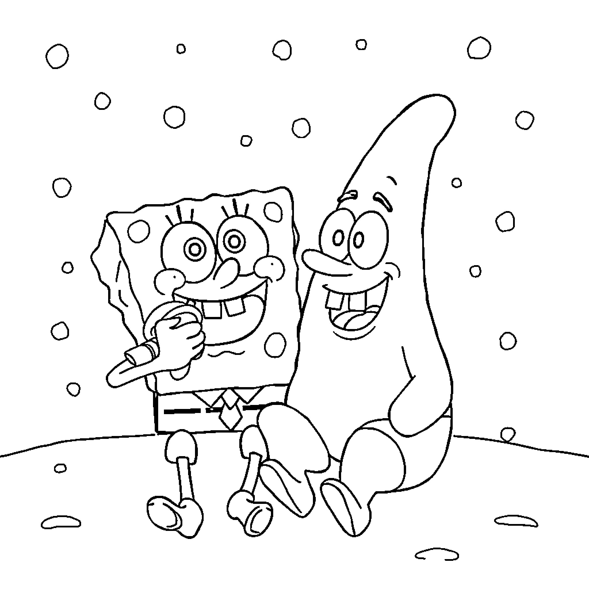 Spongebob and Patrick playing in the snow Coloring Page (free black-and-white line drawing printable PDF for all, from beginners to advanced learners, including children, teens, adults, and seniors)