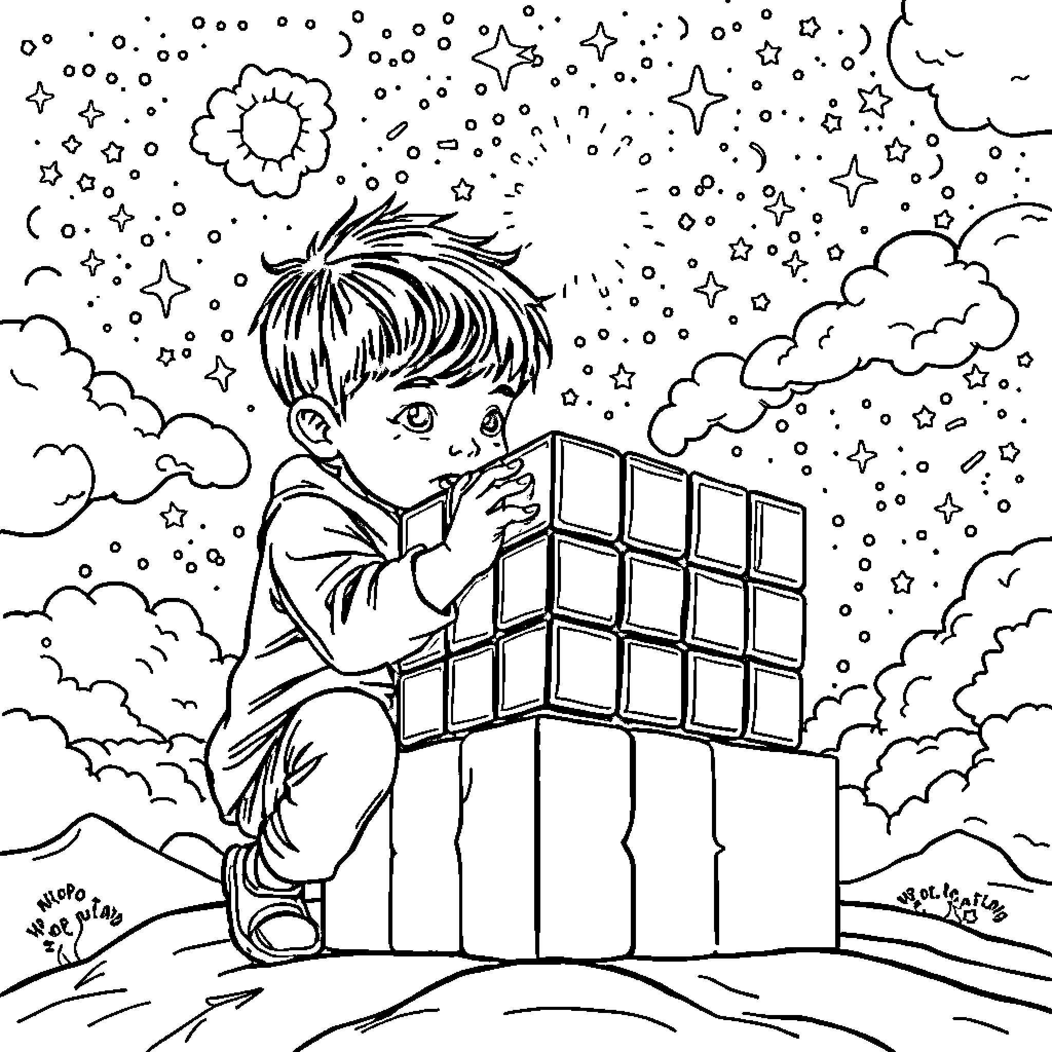 Child exploring cosmic wonders with a puzzle box Coloring Page (free black-and-white line drawing printable PDF for all, from beginners to advanced learners, including children, teens, adults, and seniors)