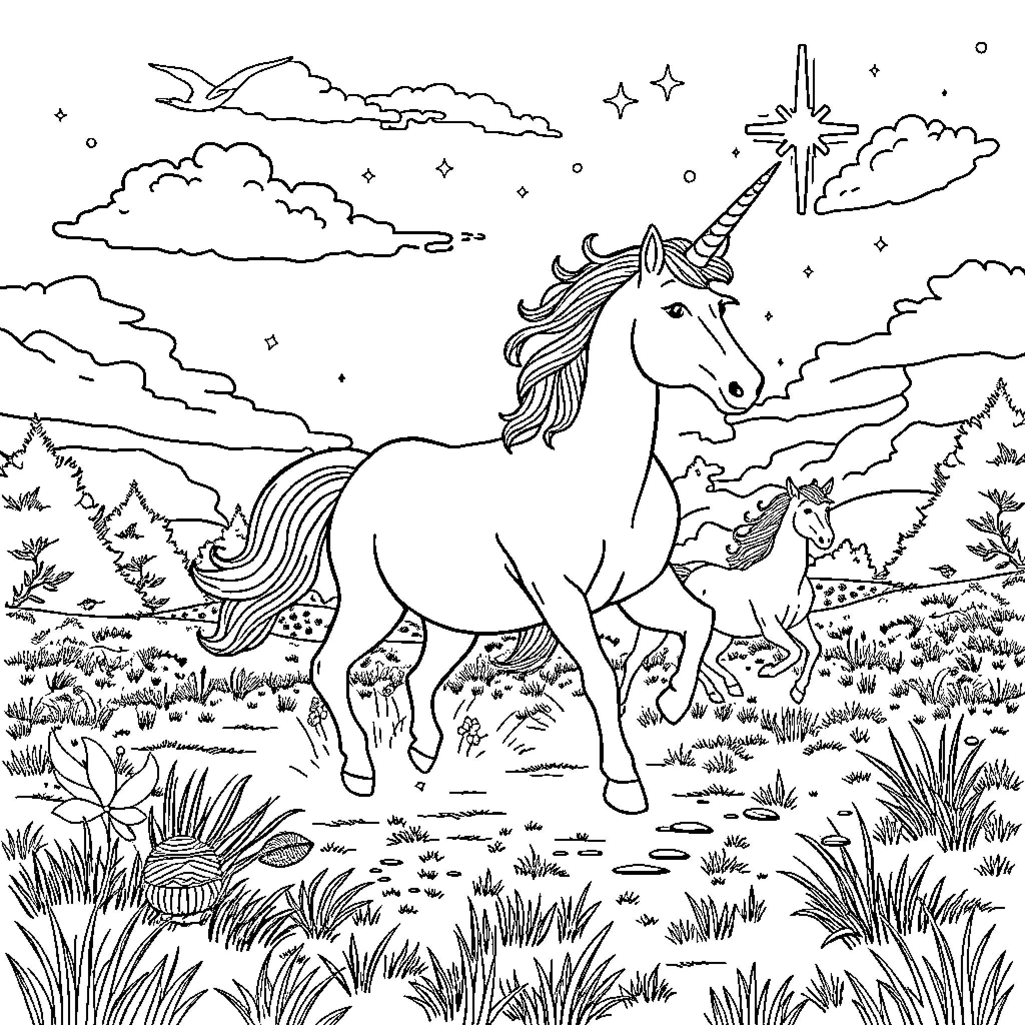 Unicorn Galloping Through Enchanted Landscape Coloring Page (free black-and-white line drawing printable PDF for all, from beginners to advanced learners, including children, teens, adults, and seniors)