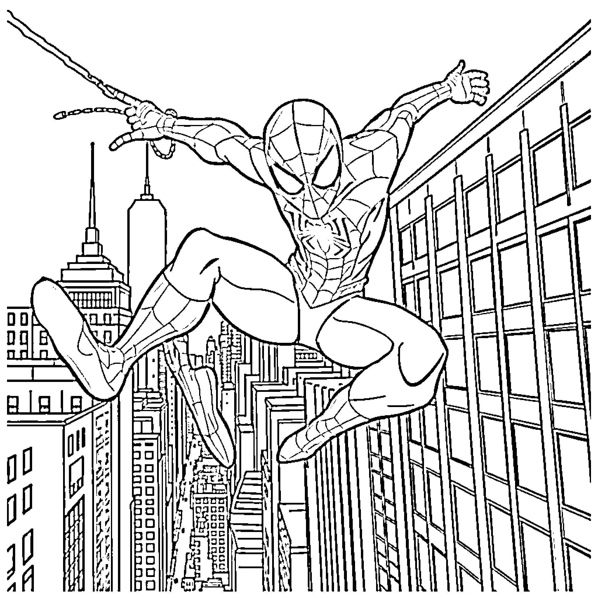 Spider-Man swinging through the city skyline Coloring Page (free black-and-white line drawing printable PDF for all, from beginners to advanced learners, including children, teens, adults, and seniors)