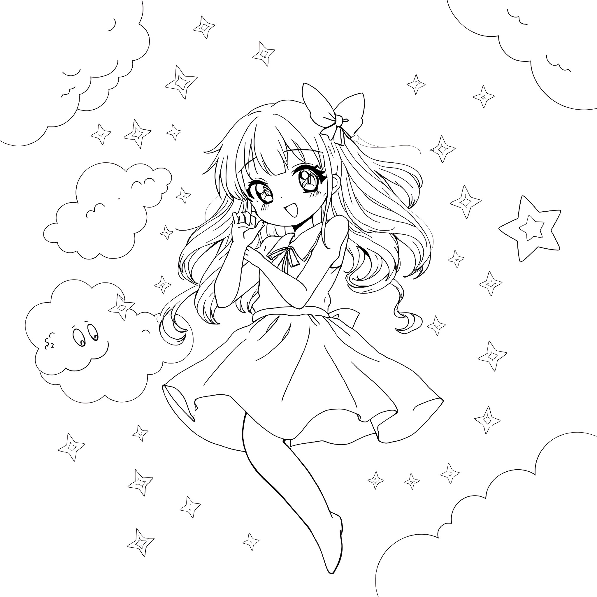 Anime Girl in Starry Night Scene Coloring Page (free black-and-white line drawing printable PDF for all, from beginners to advanced learners, including children, teens, adults, and seniors)