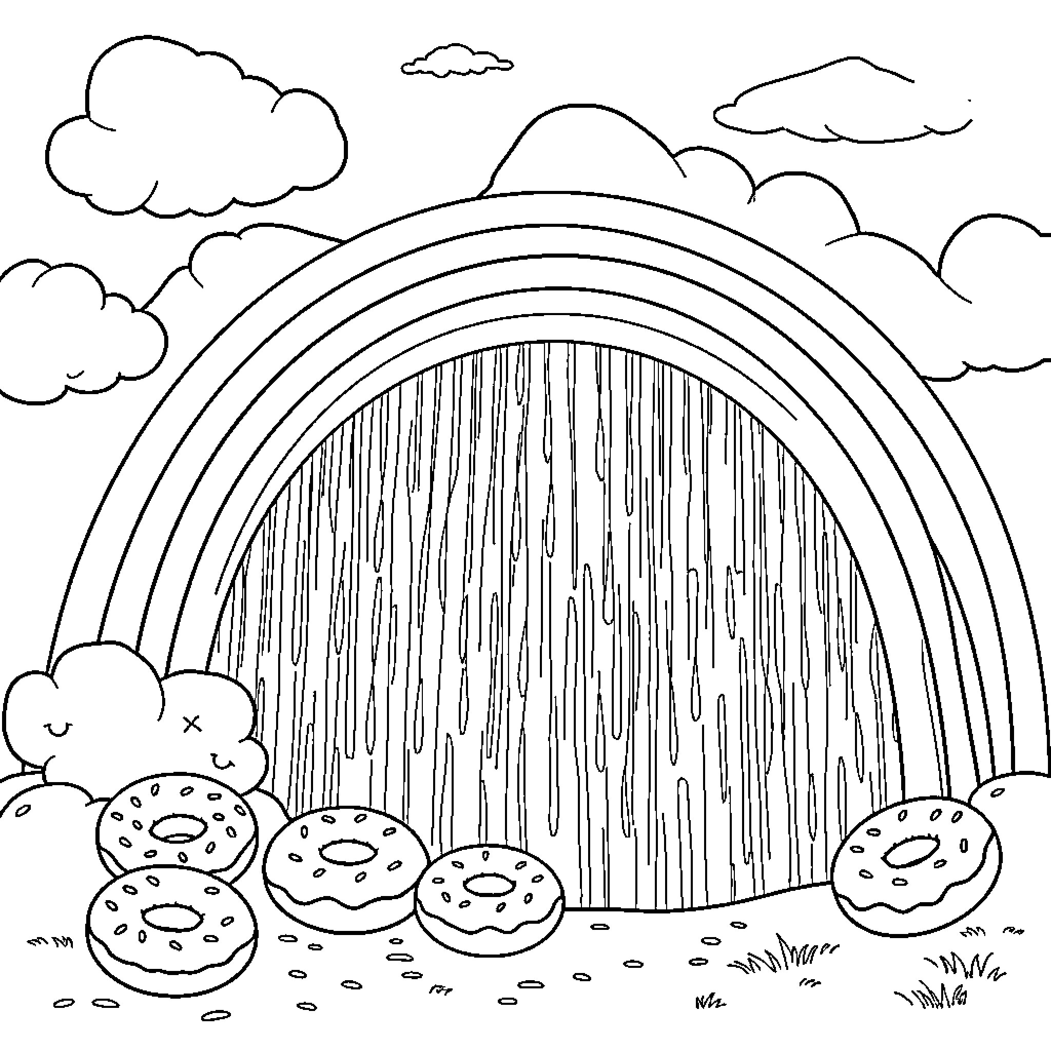 Donut under a colorful rainbow in the cloudy sky Coloring Page (free black-and-white line drawing printable PDF for all, from beginners to advanced learners, including children, teens, adults, and seniors)