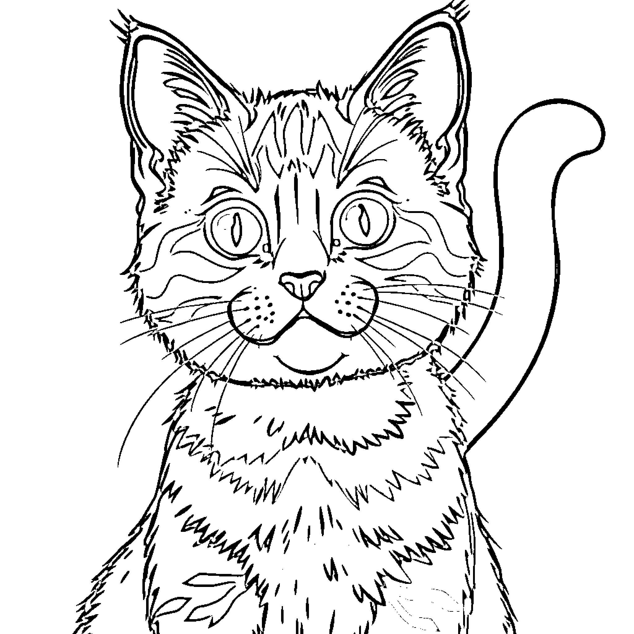 Cat with big eyes and curious expression Coloring Page (free black-and-white line drawing printable PDF for all, from beginners to advanced learners, including children, teens, adults, and seniors)