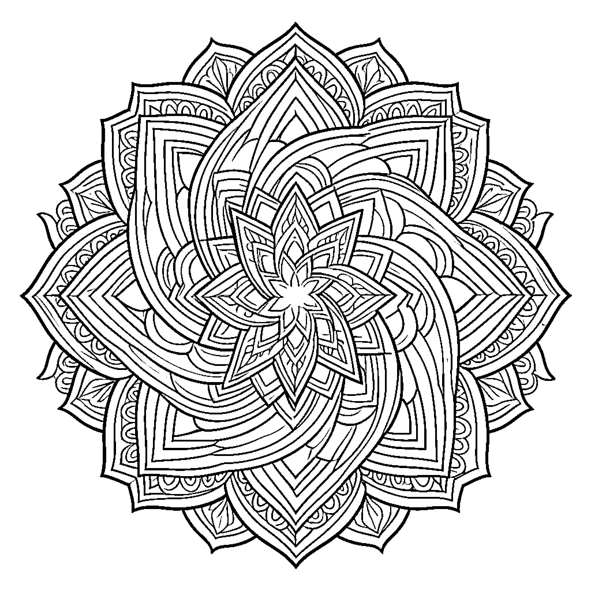 Mandala with intricate floral and geometric patterns Coloring Page (free black-and-white line drawing printable PDF for all, from beginners to advanced learners, including children, teens, adults, and seniors)
