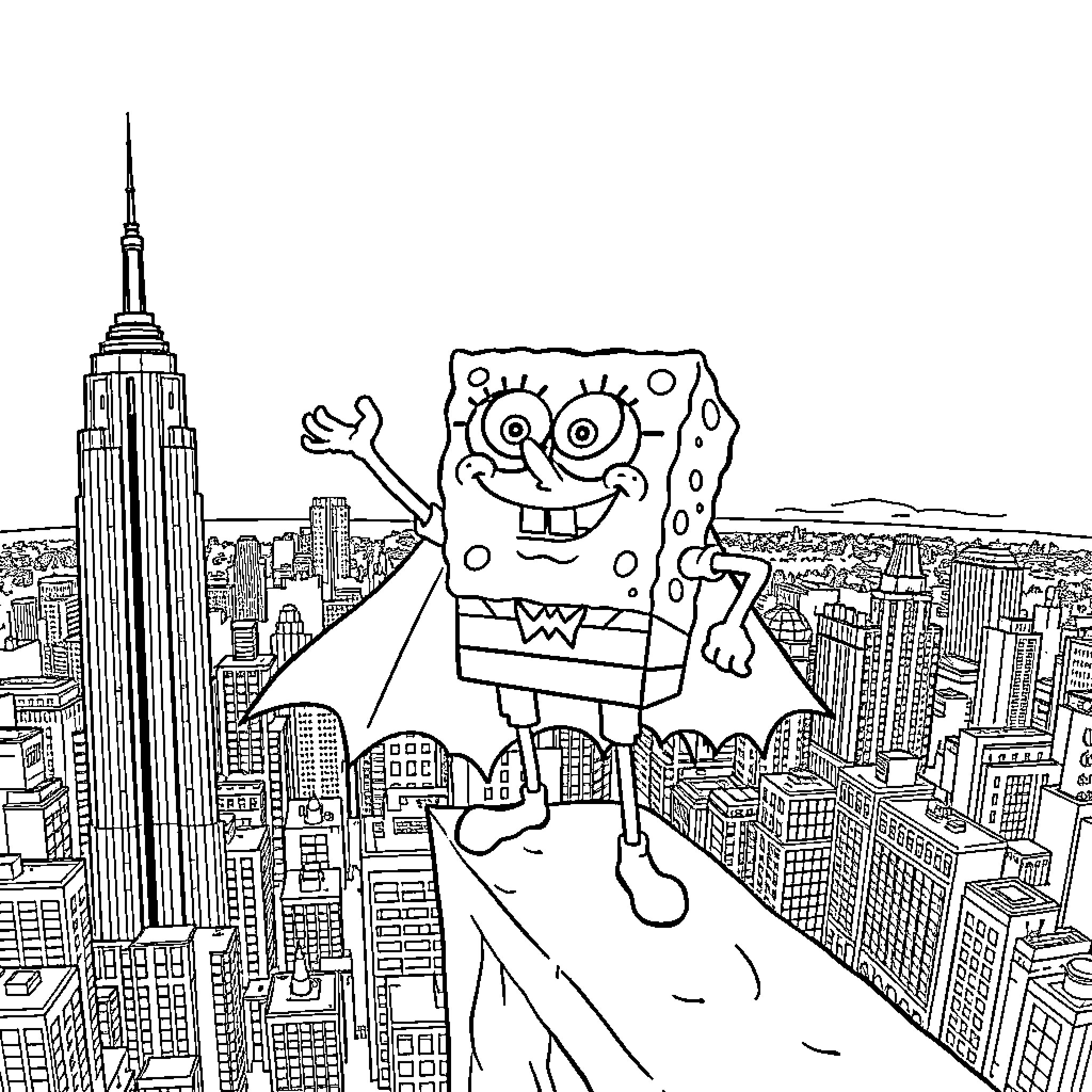 Spongebob exploring the bustling cityscape Coloring Page (free black-and-white line drawing printable PDF for all, from beginners to advanced learners, including children, teens, adults, and seniors)