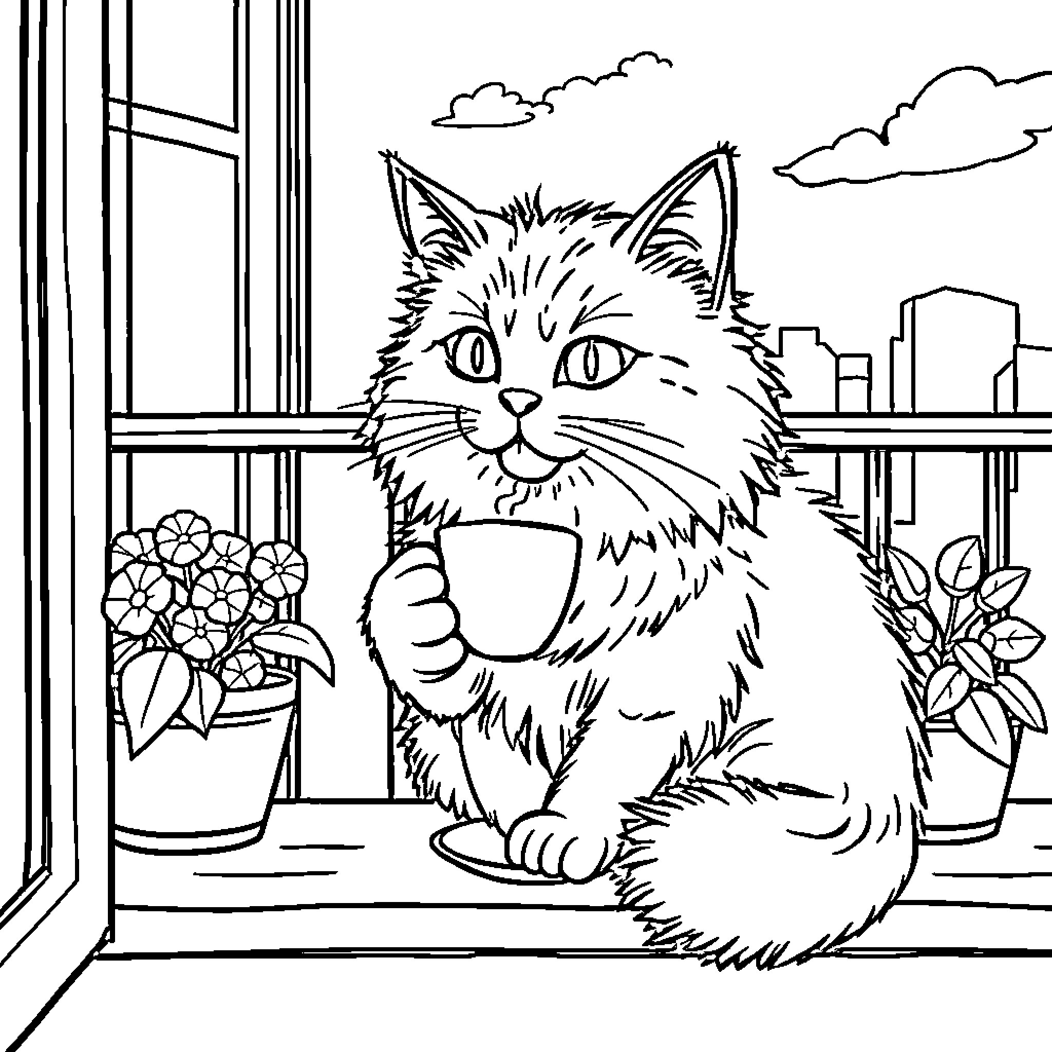 Cat enjoying a cozy day by the window Coloring Page (free black-and-white line drawing printable PDF for all, from beginners to advanced learners, including children, teens, adults, and seniors)