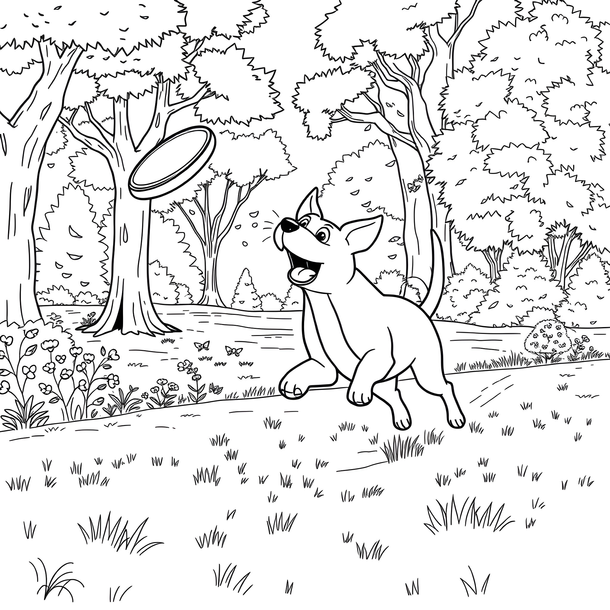 Dog playing joyfully in the forest Coloring Page (free black-and-white line drawing printable PDF for all, from beginners to advanced learners, including children, teens, adults, and seniors)